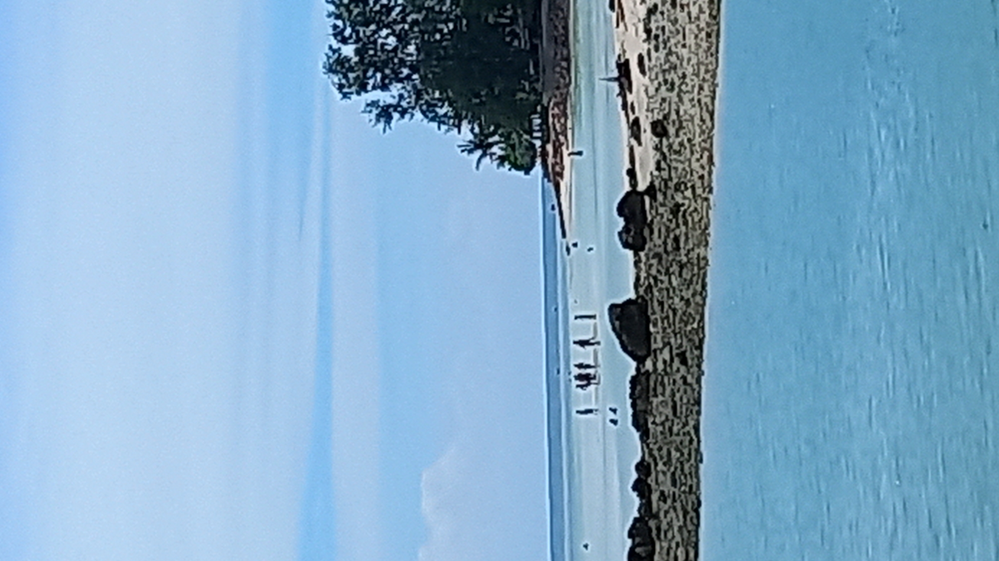 The image depicts a tranquil beach scene in Koh Phangan, Thailand. In the foreground, the turquoise waters of the sea gently lap against a rocky shore. Further out, a group of people, appearing as dark silhouettes, are scattered across a shallow sandbar, some standing and others appearing to be wading. The water stretches to the horizon, meeting a pale blue sky with a few wispy clouds. On the right side of the frame, a dense cluster of trees and foliage marks the edge of the land, with a hint of structures nestled within the greenery. The overall atmosphere is one of peaceful relaxation and natural beauty.