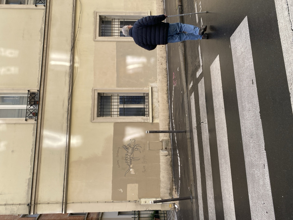 The image depicts an urban street scene in the City of Unknown, Unknown, under wet conditions. An elderly man, observed from behind, walks from right to left across a white-striped pedestrian crosswalk on a dark, wet asphalt street. He wears a dark blue puffer jacket, blue jeans, and dark shoes, using a silver-colored cane for support in his right hand. The background consists of a two-story building with a light cream-colored facade. The lower portion of the ground floor wall is painted a darker beige-brown, featuring a black outline graffiti of a stylized insect or crustacean, along with faint handwritten text and some white spray paint residue. Two rectangular windows with black security bars are visible on the ground floor, and a window with a black wrought-iron Juliet balcony is present on the first floor. A small utility box is mounted on the wall beneath the graffiti. Two dark metal bollards stand on the adjacent sidewalk. Reflections from an unseen light source are evident on the wet pavement and the building's facade. A partial view of a reddish-brown building and a black metal fence is visible on the far left.
