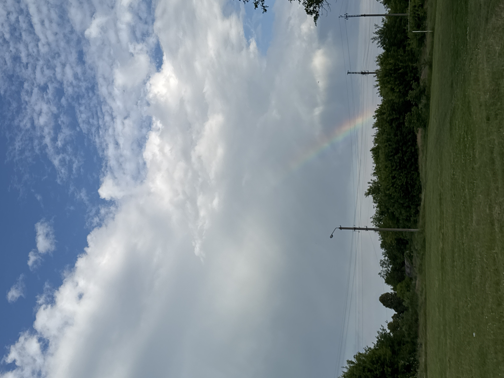 The image depicts a rural landscape under a cloudy sky, with a faint rainbow arching across the upper portion. The scene is oriented vertically. To the left, a bright blue sky is interspersed with wispy white clouds. Moving towards the right, the clouds become denser and heavier, obscuring much of the sky. A sliver of a rainbow is visible in the middle right of the frame, indicating a recent or ongoing rain shower.
The ground on the right side of the image is covered in green grass, suggesting a park or a field. A line of dense green trees forms a natural boundary behind the grassy area, with some taller trees extending into the frame at the top. Power lines and utility poles are present, running horizontally across the mid-section of the image, indicating proximity to infrastructure. A single street lamp on a pole is also visible on the right side. The overall lighting suggests it is daytime, likely late afternoon or early evening, given the softness of the light and the presence of a rainbow. The weather appears to be clearing after a rain. No people or text are visible in the image.