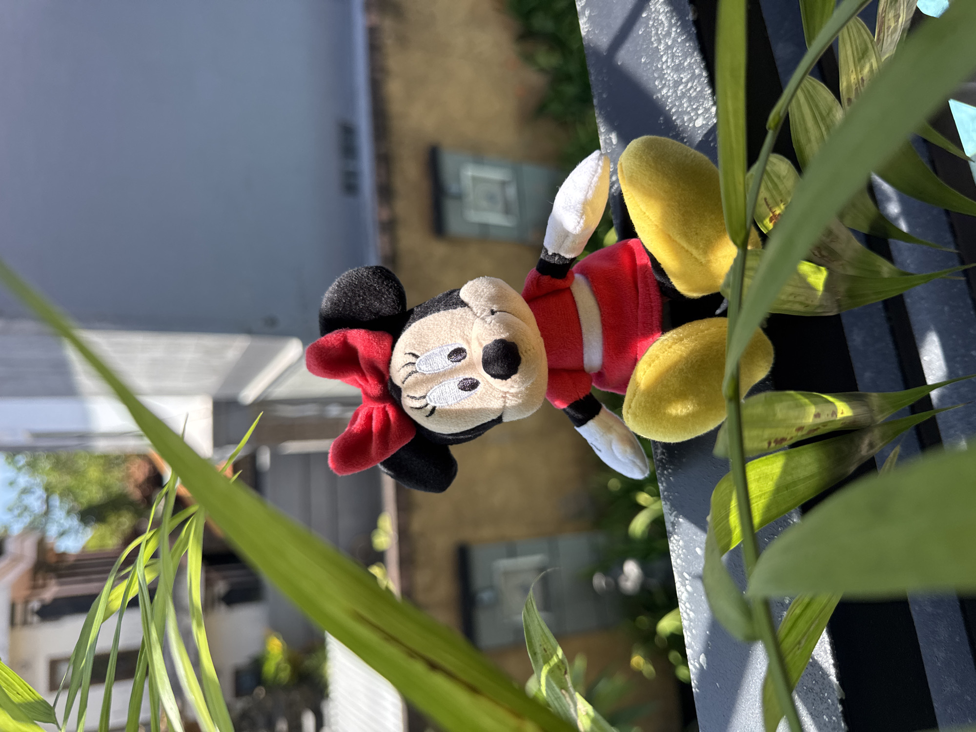A Minnie Mouse plush doll sits on a gray railing with green leafy plants growing in front of it. Beyond the railing, the blurred image shows buildings. The scene suggests a residential area. It's daytime and the lighting is bright, possibly outdoors. There's no evidence to confirm the location is Kuta, Indonesia.