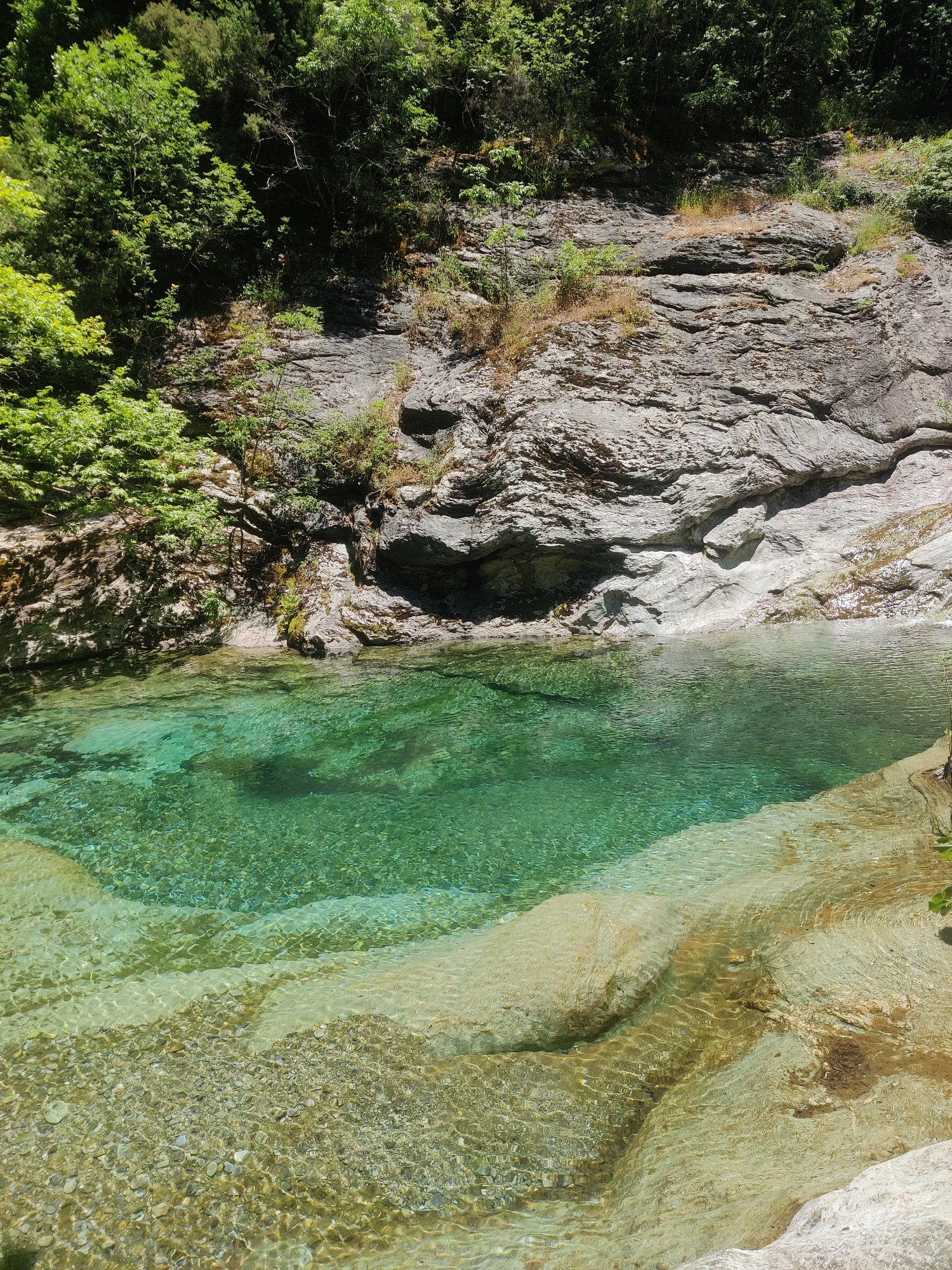 This is a photograph of a natural body of water, likely a river or a pool, with exceptionally clear, turquoise-colored water. The water is shallow in some areas, revealing a rocky and sandy bottom, while deeper sections have a vibrant green hue. The scene is framed by lush green foliage on the left and top, and rugged, grey and beige rock formations on the right and in the background. The rocks appear to be layered and weathered, with some vegetation growing in crevices. The overall environment suggests a secluded, natural landscape. The location is identified as within the Municipal Unit of Melivia, Greece. There are no people or animals visible in the image.