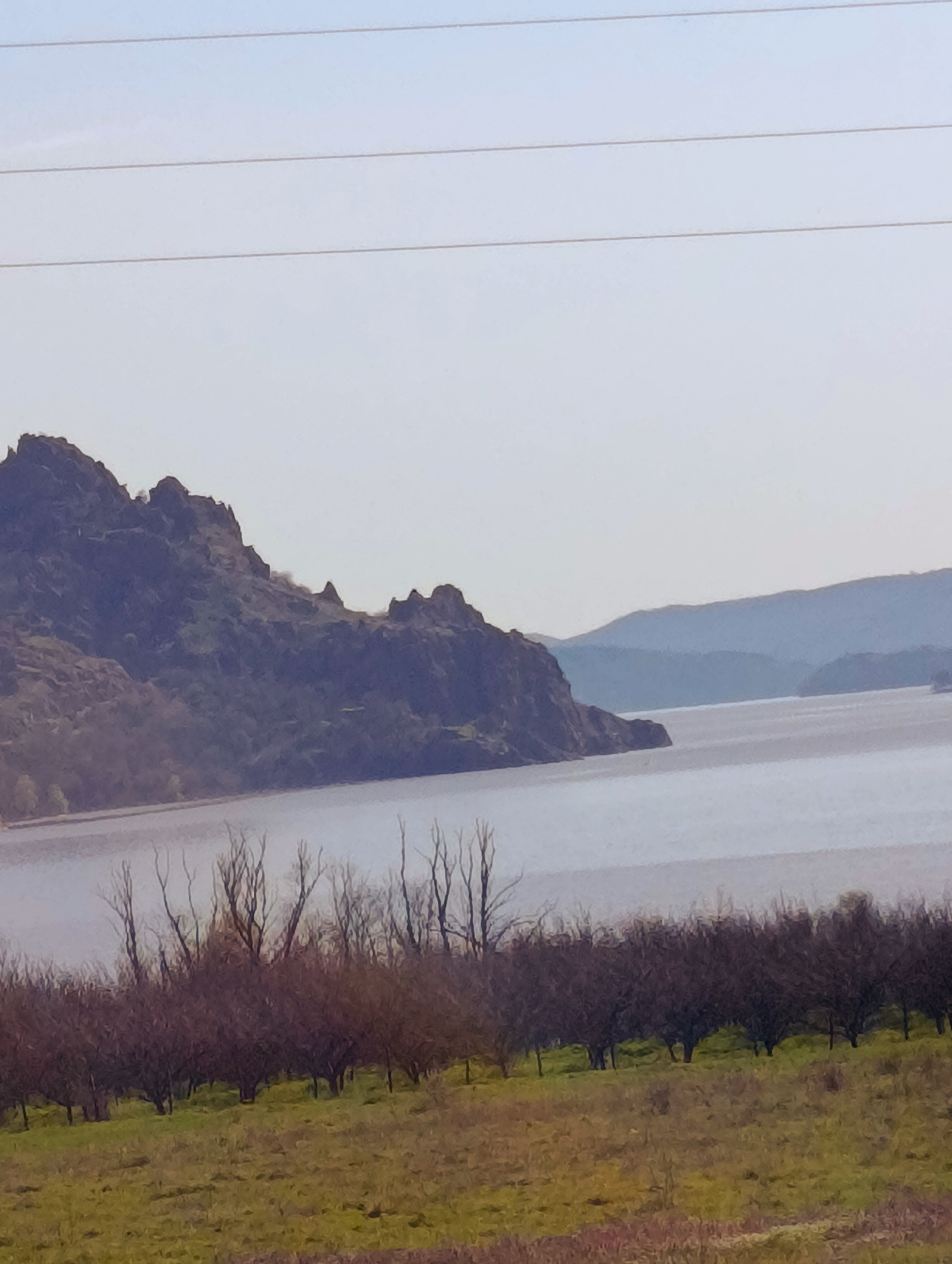 The image shows a landscape view in Shiroko Pole, Bulgaria. The foreground contains a grassy field with a row of bare trees along the edge of a body of water. Behind the water is a rocky land formation with sparse vegetation. In the background are faded hills under a pale sky. Power lines are visible near the top of the frame. There are no people present.