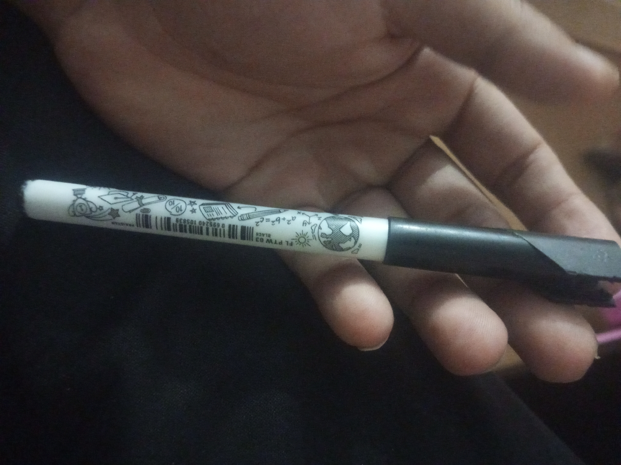 A hand is holding a white pen with black designs and text. The pen has an equation "a^2 + b^2 = c^2" and drawings of a ruler, pencil, and a globe. The text on the pen reads "FL PTW 03 BLACK". The pen is held horizontally. The background is dark and out of focus. There is no identifiable information regarding the city of Mansehra, Pakistan, within the image itself.
