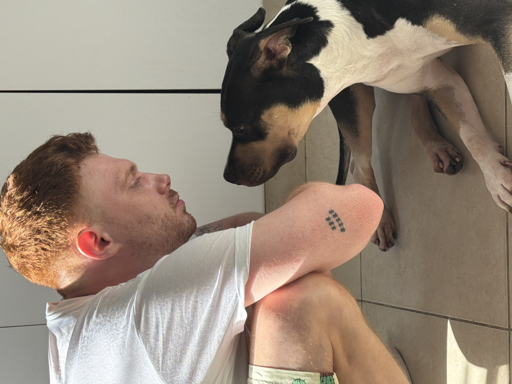 An adult male with short, reddish-brown hair, wearing a white t-shirt and patterned shorts, is crouching on a tiled floor indoors. He is looking down at a black, white, and tan dog that is lying on the floor facing him. The man has a tattoo of asterisks on his left forearm. The environment appears to be a domestic setting in Tel-Aviv, Israel, likely a home, with a plain white wall in the background. The lighting suggests it is daytime, with sunlight casting shadows.
