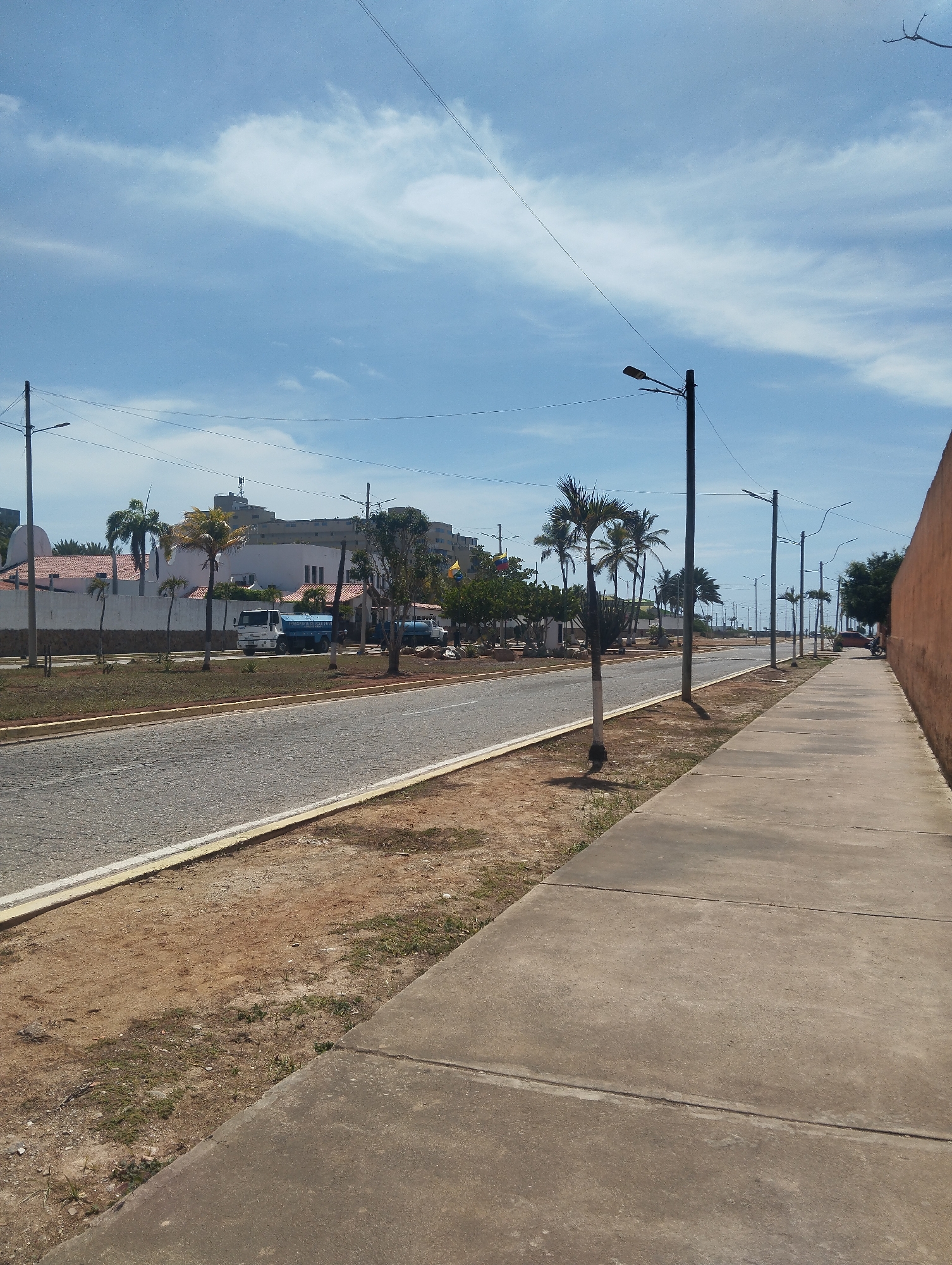 The image depicts a street scene in Porlamar, Venezuela. The view is along a wide avenue with a sidewalk on the right. The road is paved and has a painted yellow divider. On the left of the road is a dirt verge followed by a low fence and a row of buildings, some of which have red-tiled roofs. Several palm trees are planted along the avenue. Streetlights are spaced along both sides of the road and power lines are visible above. A blue and white truck is on the left side of the road. In the distance, a Venezuelan flag is visible. The sky is blue with scattered white clouds.