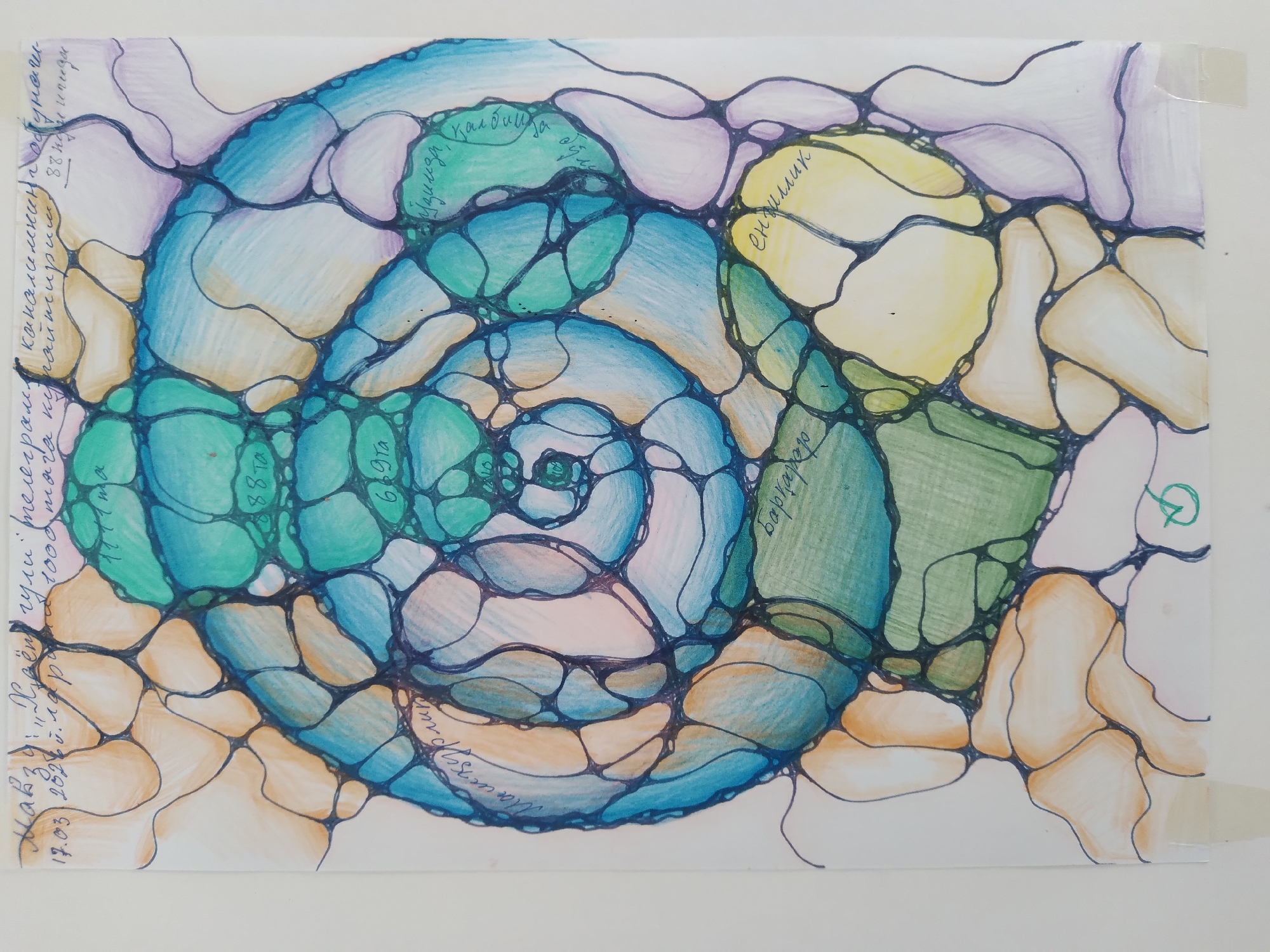 The image displays a colorful, abstract drawing with a spiraling pattern. The drawing is rendered in shades of blue, green, yellow, orange, and purple, with black lines defining various shapes. Scattered throughout the drawing are small, handwritten words in Russian, some of which appear to be place names or descriptive terms. There are no discernible people, animals, or recognizable objects. The background is white. The phrase "навзод" and a date "17.03.2023" are visible in the upper left corner. The drawing is taped to a white surface at the bottom. The phrase "Бакинским" appears in the upper right corner. The drawing does not depict any specific location in the city of Baki, Uzbekistan.
