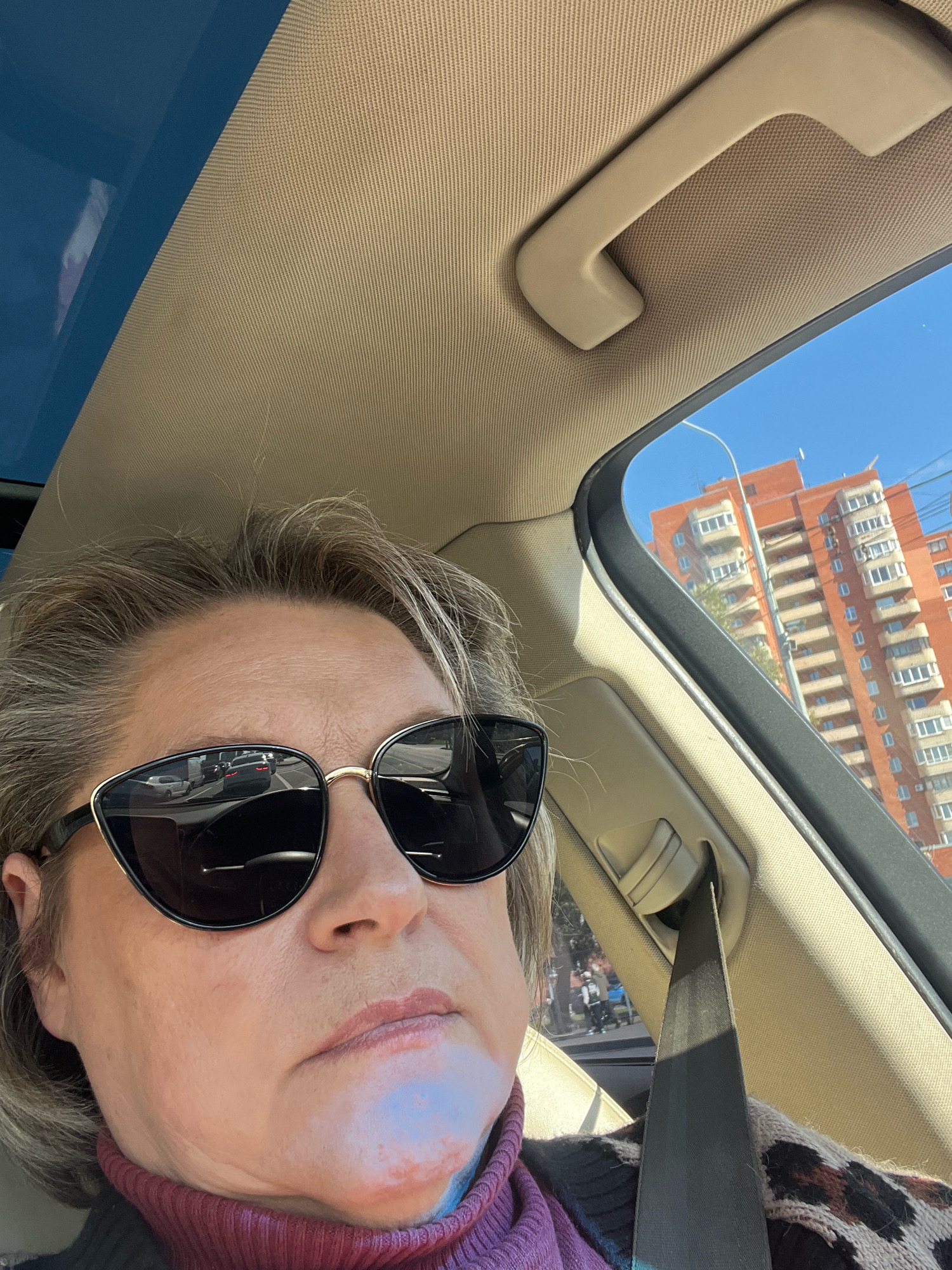 A woman with blonde hair, wearing sunglasses, a burgundy turtleneck, and a leopard-print sweater is in the passenger seat of a car. The interior of the car is visible, including the tan headliner, a grab handle, and a seatbelt. Through the car window, a modern brick apartment building and a blue sky are visible, suggesting an urban environment. The reflection in the woman's sunglasses shows traffic on a street. The scene is likely in Saint Petersburg, Russia, given the architectural style of the building and the presence of traffic.