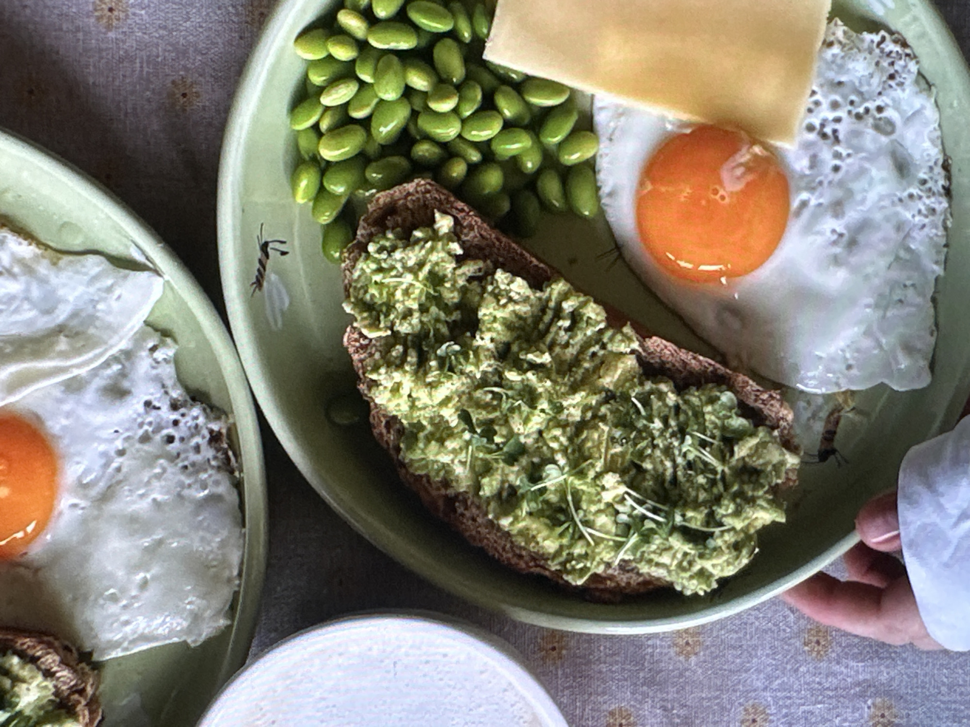 Two light green plates hold food. One plate displays edamame, a slice of cheese, a fried egg, and avocado toast on brown bread topped with sprouts. The other plate also holds a fried egg and avocado toast. A white bowl is partially visible in the lower center of the frame. A hand holding a white napkin reaches into the frame at the lower right. The scene is shot from above, likely indoors. The location is unconfirmed and no evidence in the image suggests that it is taken in Yerevan, Armenia.