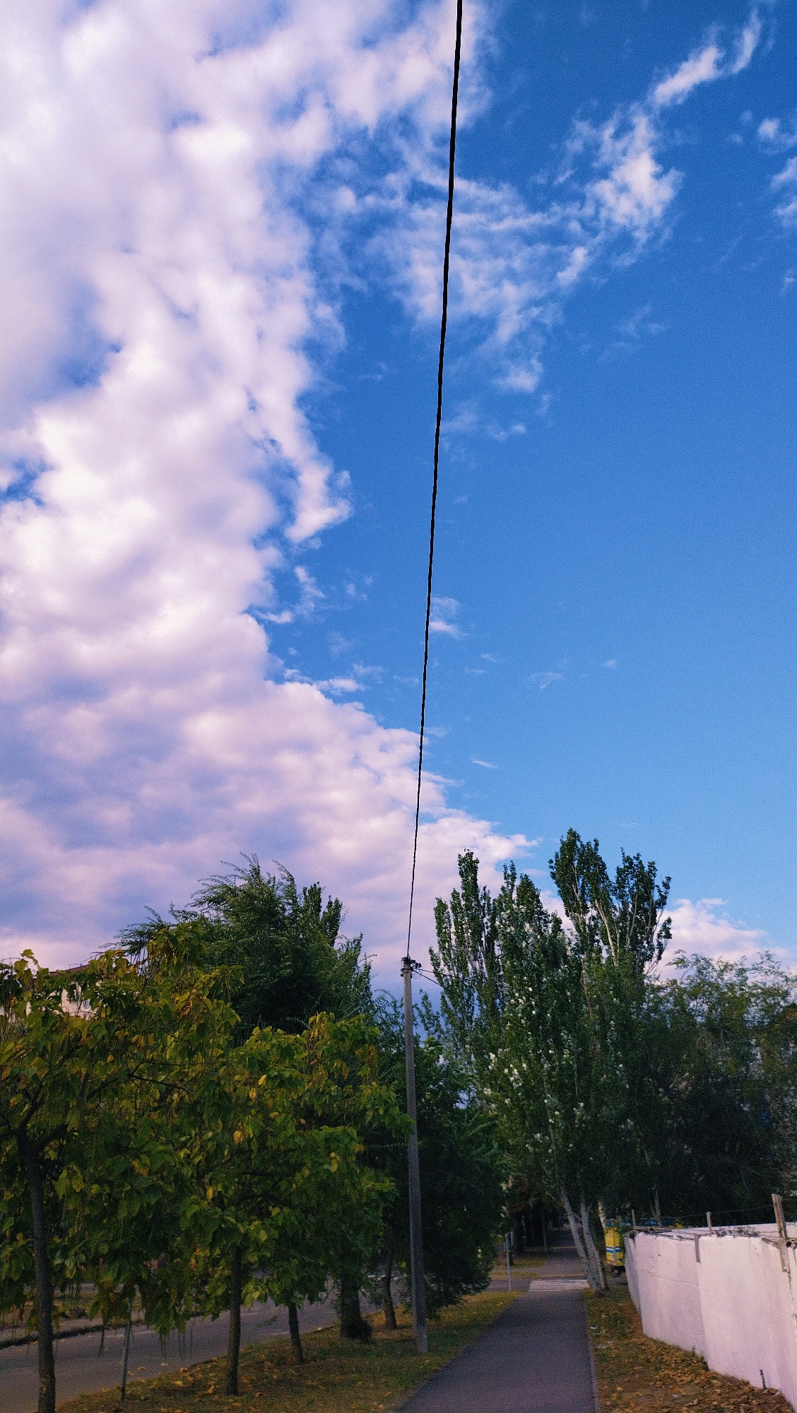 This is a vertical, low-angle outdoor shot of a sidewalk in Horishni Plavni, Ukraine. The sky is a bright blue with scattered white clouds on the right side, and the left side of the sky is filled with larger, more pink-tinted clouds. A black power line stretches vertically from the top to the bottom of the frame, slightly left of center.
Below the sky, on the left, are dense green trees with some lighter green foliage and thin trunks. To the right of these trees, a narrow asphalt sidewalk runs from the bottom of the frame upwards and curves to the right, bordered by grass and more trees. These trees are taller and more slender than those on the left, with some appearing to have white bark.
In the background, to the far right, a white concrete wall with some exposed rebar at the top runs along the edge of the sidewalk. Fallen leaves are scattered on the grass and sidewalk. The overall scene suggests a quiet, urban street with ample greenery.