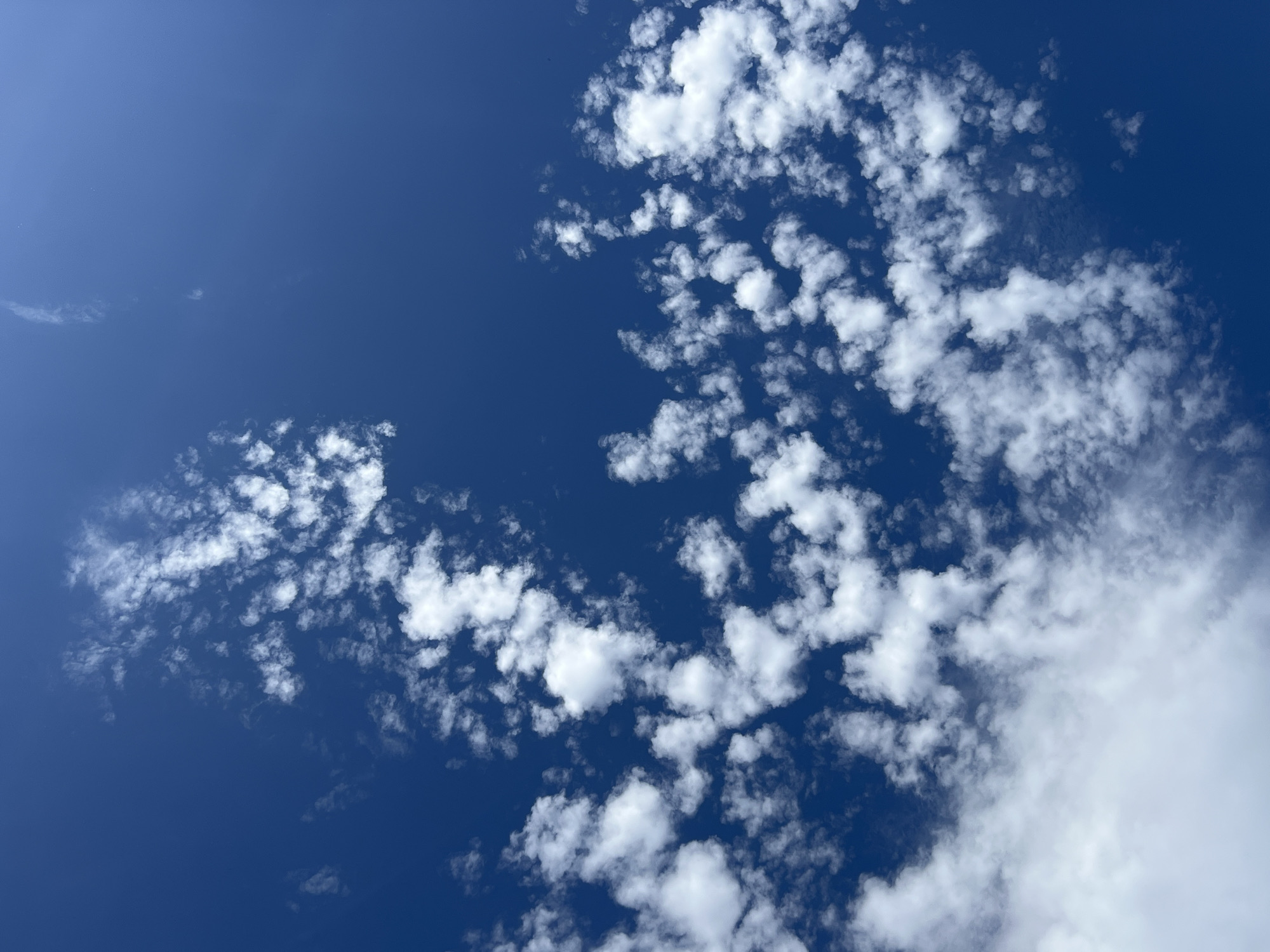 The image shows a view of the sky with a deep blue background. There are numerous white clouds scattered throughout the frame, ranging in size and density. The clouds are more concentrated on the right side of the image, thinning out toward the left. The specific location within Ternopil, Ukraine, is not discernible from the visual information provided. There are no people, subjects, objects, actions, or interactions visible in the image other than the clouds in the sky.