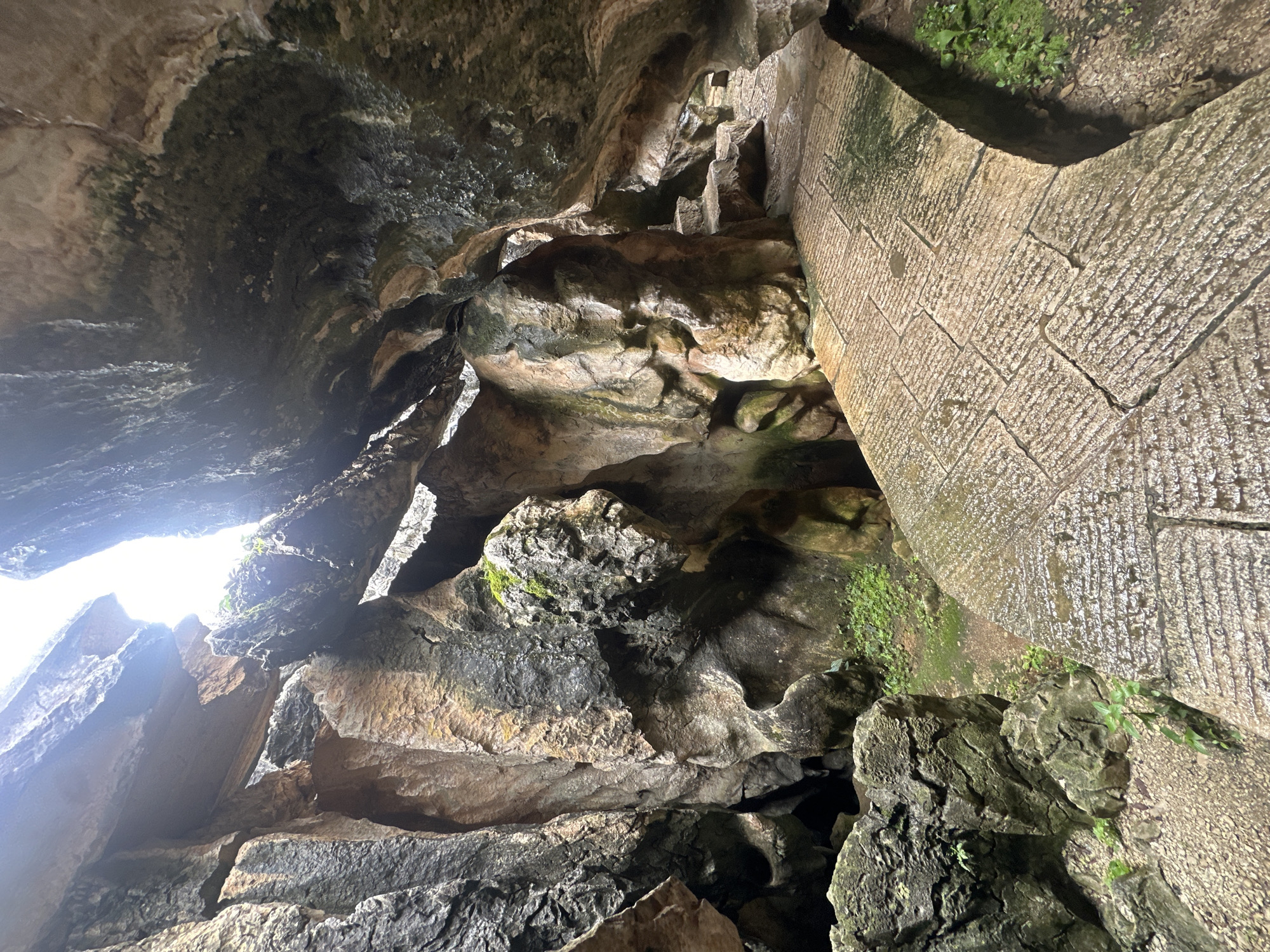 The image depicts the interior of a limestone cave, characterized by its rugged rock formations and a paved pathway. The cave's ceiling is open in places, allowing natural light to illuminate the scene, creating strong contrasts and shadows. The pathway, constructed from stone slabs, curves through the cave, suggesting a designated visitor route. Lush green moss and small plants are visible growing in crevices and on the cave floor, indicating a damp environment. The rock surfaces display a variety of textures and colors, ranging from earthy browns and grays to hints of green from the vegetation. This natural formation appears to be a tourist attraction within Kunming, China, likely part of the Stone Forest geological park, known for its karst topography. There are no people or animals visible in the image.