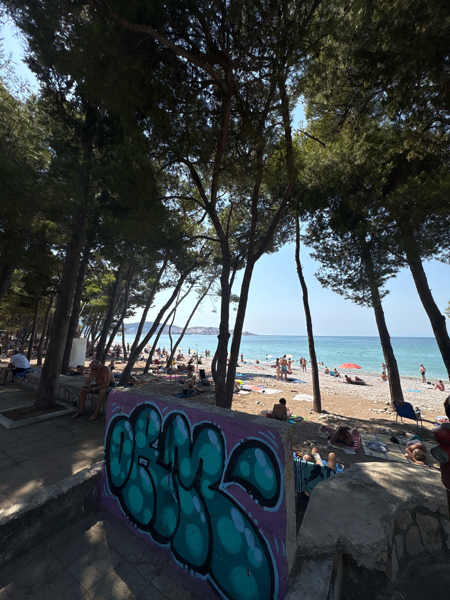 A sun-drenched, pebble beach lined with mature pine trees is depicted, with the turquoise Adriatic Sea stretching towards a distant, hazy coastline. The foreground is dominated by a weathered concrete wall adorned with vibrant teal and purple graffiti. Several individuals are scattered across the beach, some lounging on towels or mats, others standing and conversing near the water's edge. A few are partially submerged in the gentle waves. The trees cast dappled shadows on the sandy and pebbly ground, creating a serene atmosphere. The scene is typical of a summer day at the beach in Bar, Montenegro, likely near the promenade.