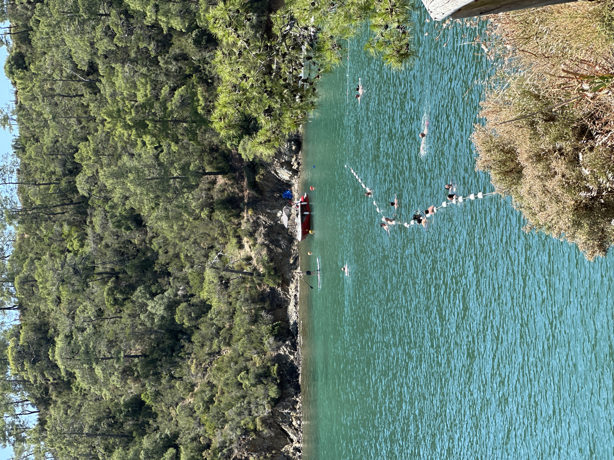 The image depicts a scene at Ölüdeniz (Blue Lagoon) in Fethiye, Turkey. A body of water with a turquoise hue is bordered by a densely forested hill on one side. Several people are swimming in the water, some near a white buoy line. A red boat is docked along the shoreline. The sky is visible in the upper left corner.