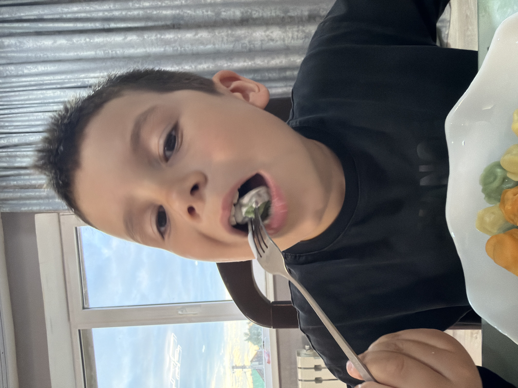 A young boy with spiky dark hair is shown in a close-up shot, eating from a fork. He is wearing a black t-shirt. The boy is holding a fork with a piece of food, possibly dumplings, and is in the process of bringing it to his mouth. In the foreground, a white bowl containing several colorful dumplings is visible. The background shows a window with a view of the sky and some buildings, suggesting an indoor setting, likely a home in Chaikovsky, Russia, given the context. The lighting appears to be natural, coming from the window.