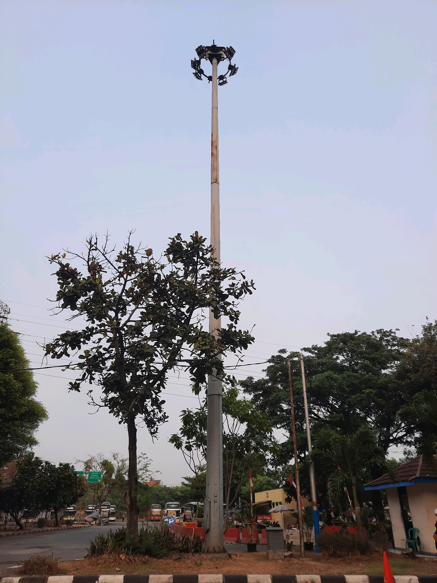 This image depicts a wide shot of a street scene in East Jakarta, Indonesia, under an overcast sky. In the foreground, a tall, gray lamppost with multiple floodlights at its apex stands prominently, showing some rust on its upper section. To the left of the lamppost is a medium-sized tree with dark green leaves and bare branches extending upwards. Behind the tree, power lines are visible.
Further back, a road curves to the left, with several buses parked on the side. A green directional sign with Indonesian text is visible above the buses. The background is filled with lush green trees, creating a densely vegetated area. On the right side of the image, a small, single-story building with a blue roof and white walls is present, with a person in a bright vest standing near it. Orange traffic cones and Indonesian flags are also scattered throughout the scene. The overall impression is a public space, possibly a bus terminal or a busy intersection in a suburban area of East Jakarta.