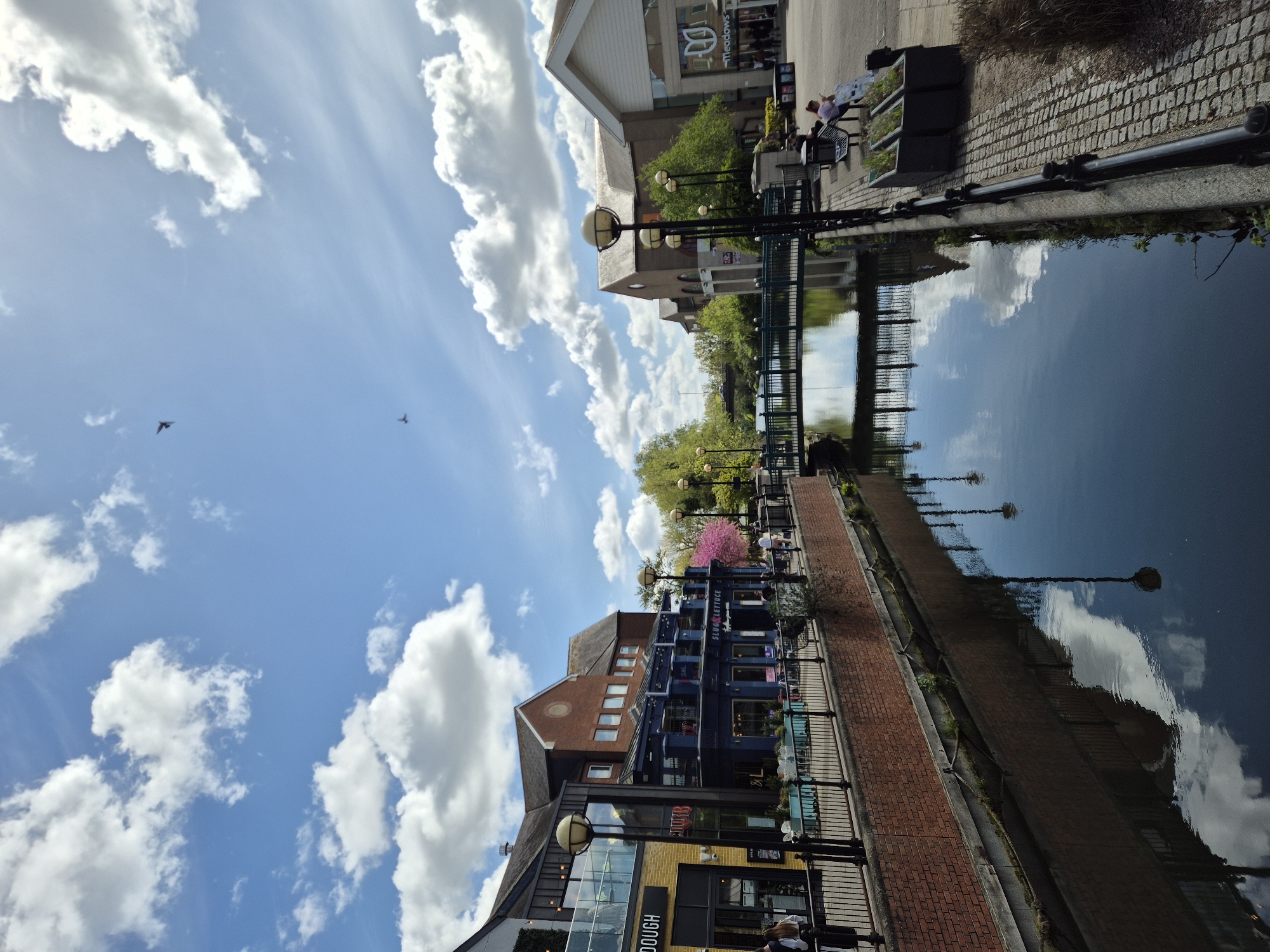 The image shows a canal running through a city with buildings on either side. The sky is blue with scattered white clouds, reflected in the still water of the canal. On the right bank, there's a brick walkway with a metal railing and lampposts. The buildings along this side include "Slug & Lettuce" and "DOUGH". On the opposite bank, there's a walkway with benches where people are sitting. A footbridge crosses the canal. The image is from Chelmsford, United Kingdom. Two birds are in flight in the sky.