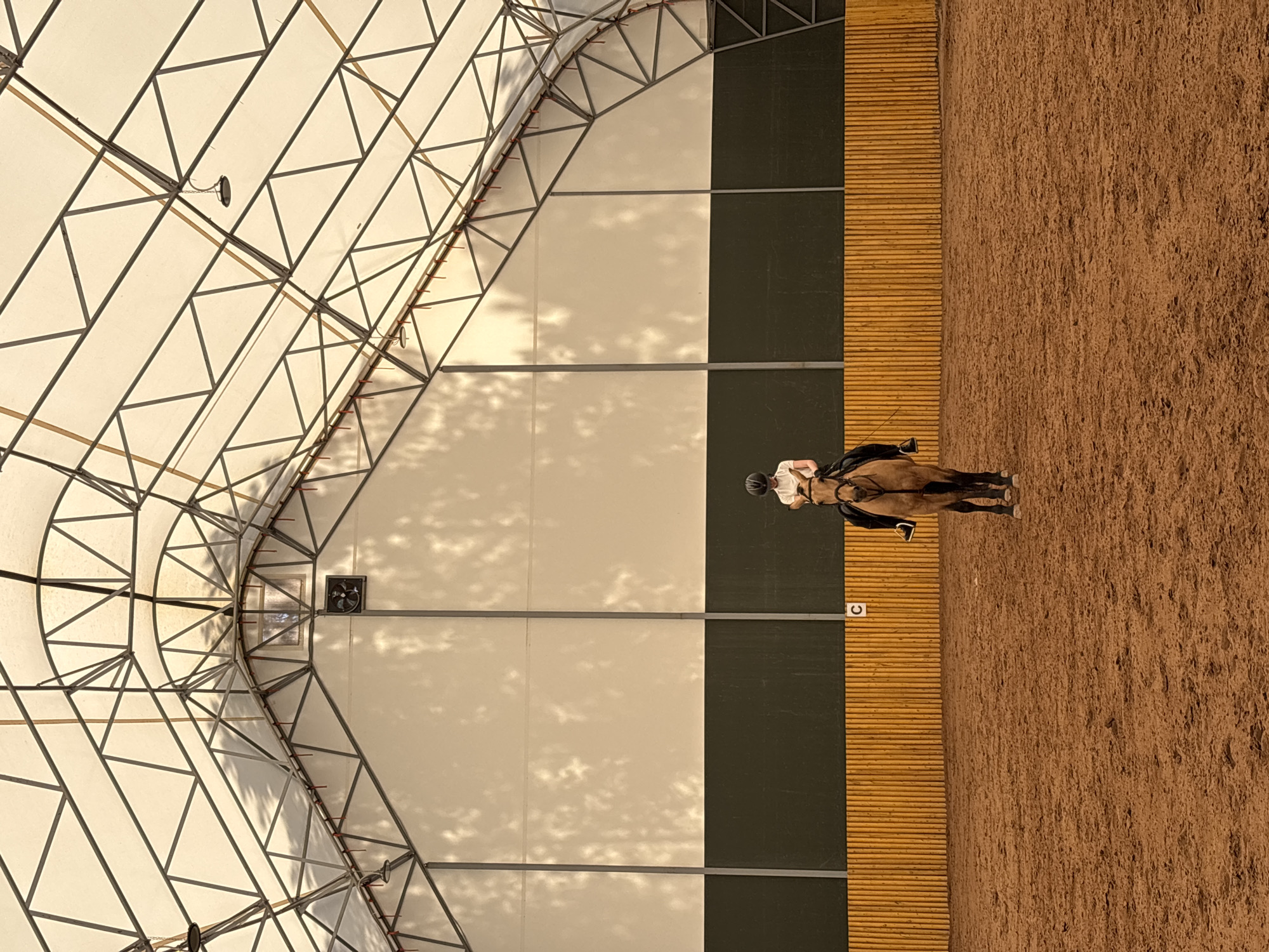 The image shows the interior of an indoor equestrian arena. A rider on a horse is visible in the lower right quadrant of the frame. The arena has a sand floor, a perimeter wall with a dark green lower section and a lighter wood-colored top section. A letter "C" is visible on the wall. The arena is covered by a large, arched structure of white fabric supported by a steel framework. The image was likely taken in Русский Вожой, Russia, due to the request.