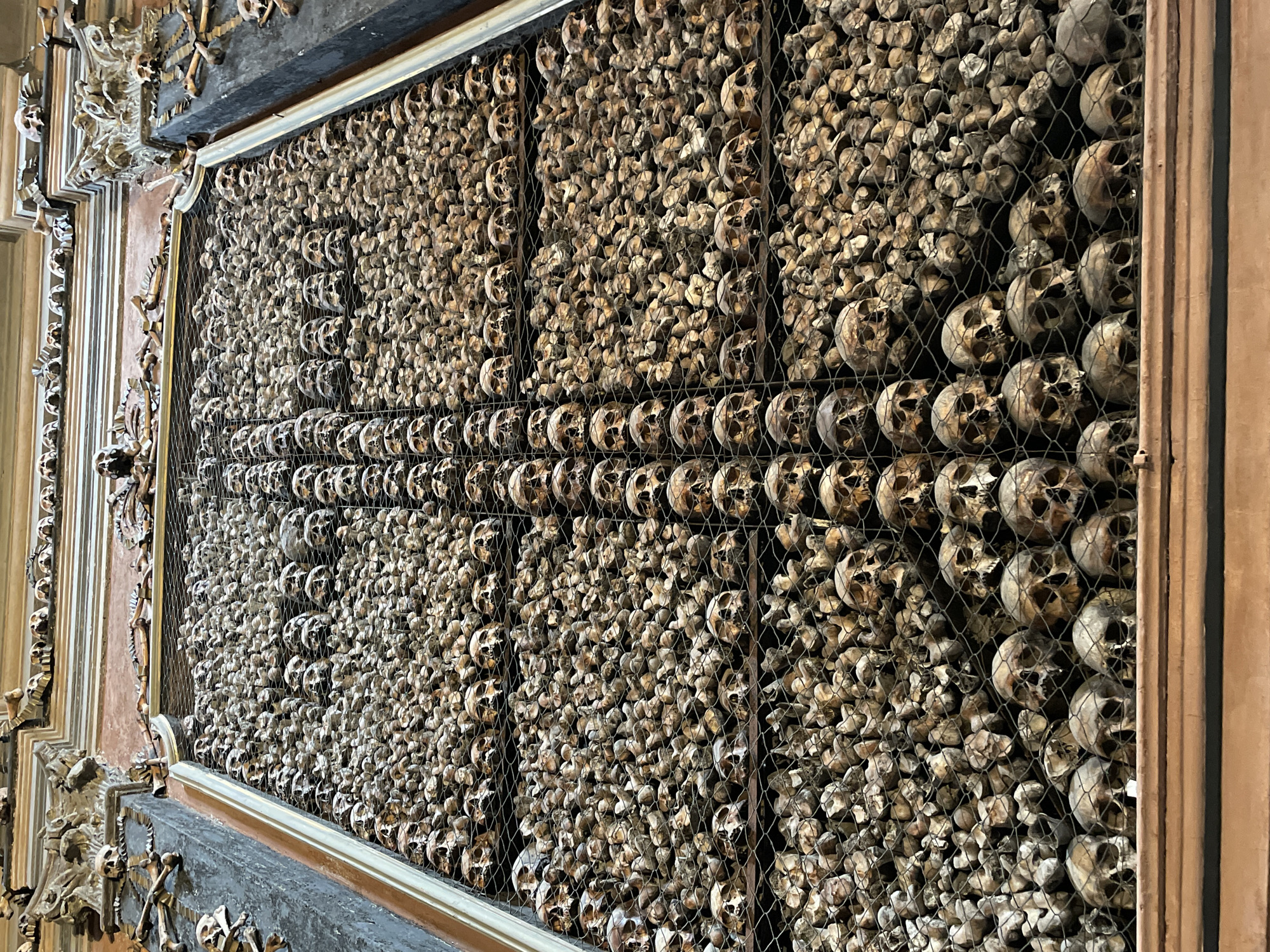 The image shows a wall of skulls and bones arranged behind a metal grid, forming a large cross. The wall is encased in an ornate, rectangular frame. The location is likely the ossuary of San Bernardino alle Ossa in Milan, Italy.