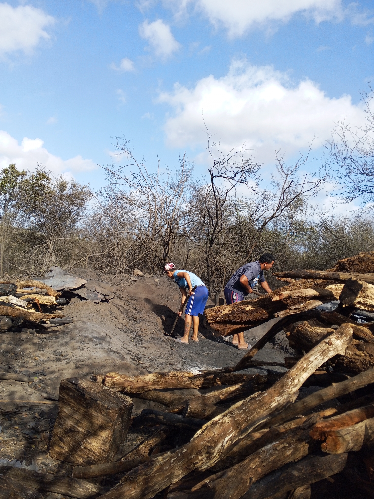 The image depicts two individuals working in an outdoor environment near Altagracia, Venezuela. The scene is characterized by a pile of logs and burnt wood in the foreground. One individual, wearing a light blue shirt, dark blue shorts, and a pink bandana, is using a shovel to move ash. The other, wearing a dark-colored shirt, is working near a pile of logs. In the background, there are bare trees and bushes, suggesting a dry or deforested area, set against a sky with scattered clouds.