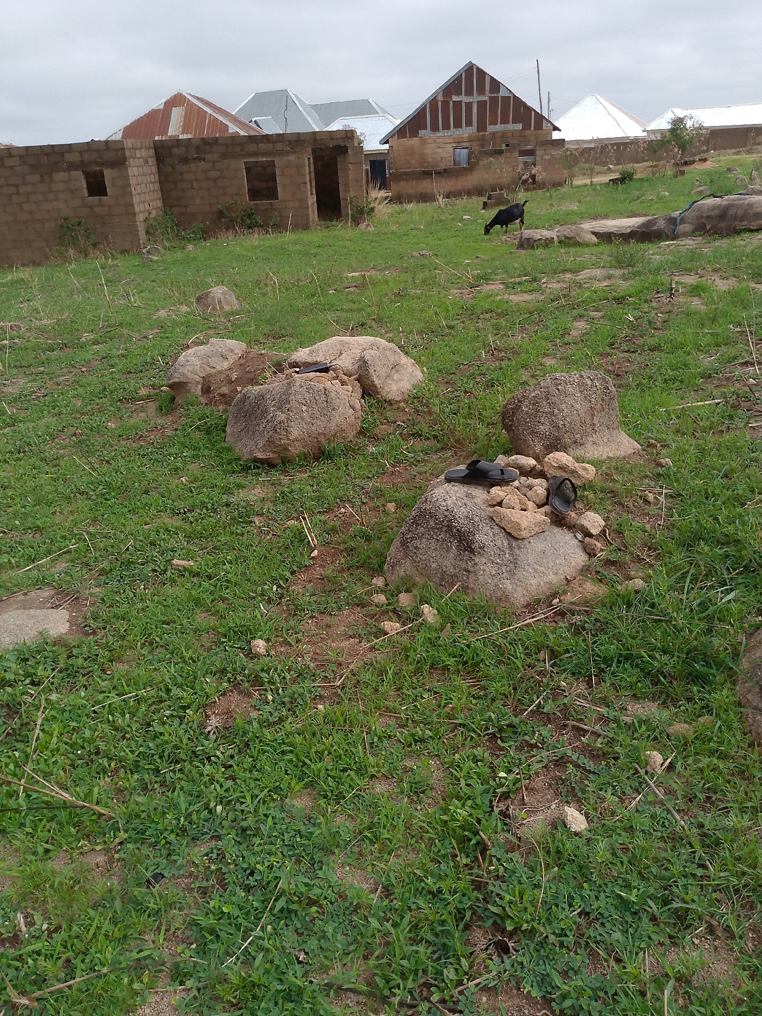 The image shows a grassy, open area in Barikin Gidar Kanat, Nigeria. In the foreground, there are several large rocks scattered across the grass. On top of one of the rocks, a pair of black sandals are visible. Behind the rocks, there is an unfinished building constructed of cinder blocks. Further back, several more buildings with corrugated metal roofs can be seen. A black goat is grazing on the grass in the background. The sky is overcast and gray.