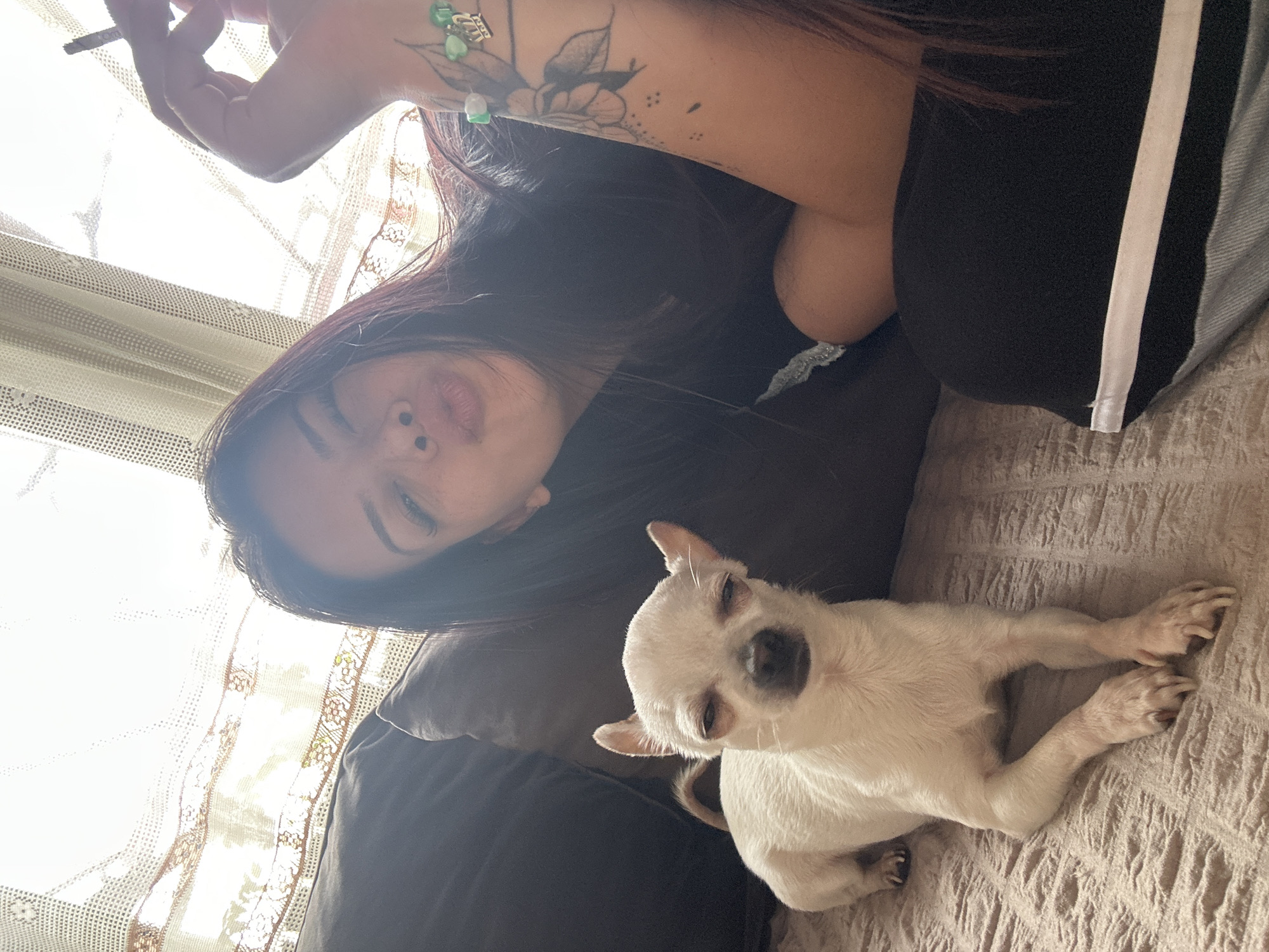 A woman with long, dark hair is lying down and taking a selfie with a small, white Chihuahua. The woman is wearing a black top with a white stripe along the side and has a tattoo on her left forearm. The Chihuahua is lying on a textured, beige surface, possibly a bed or sofa. The background includes a window with lace curtains. There is no indication of the location being in Chubra, Bulgaria.