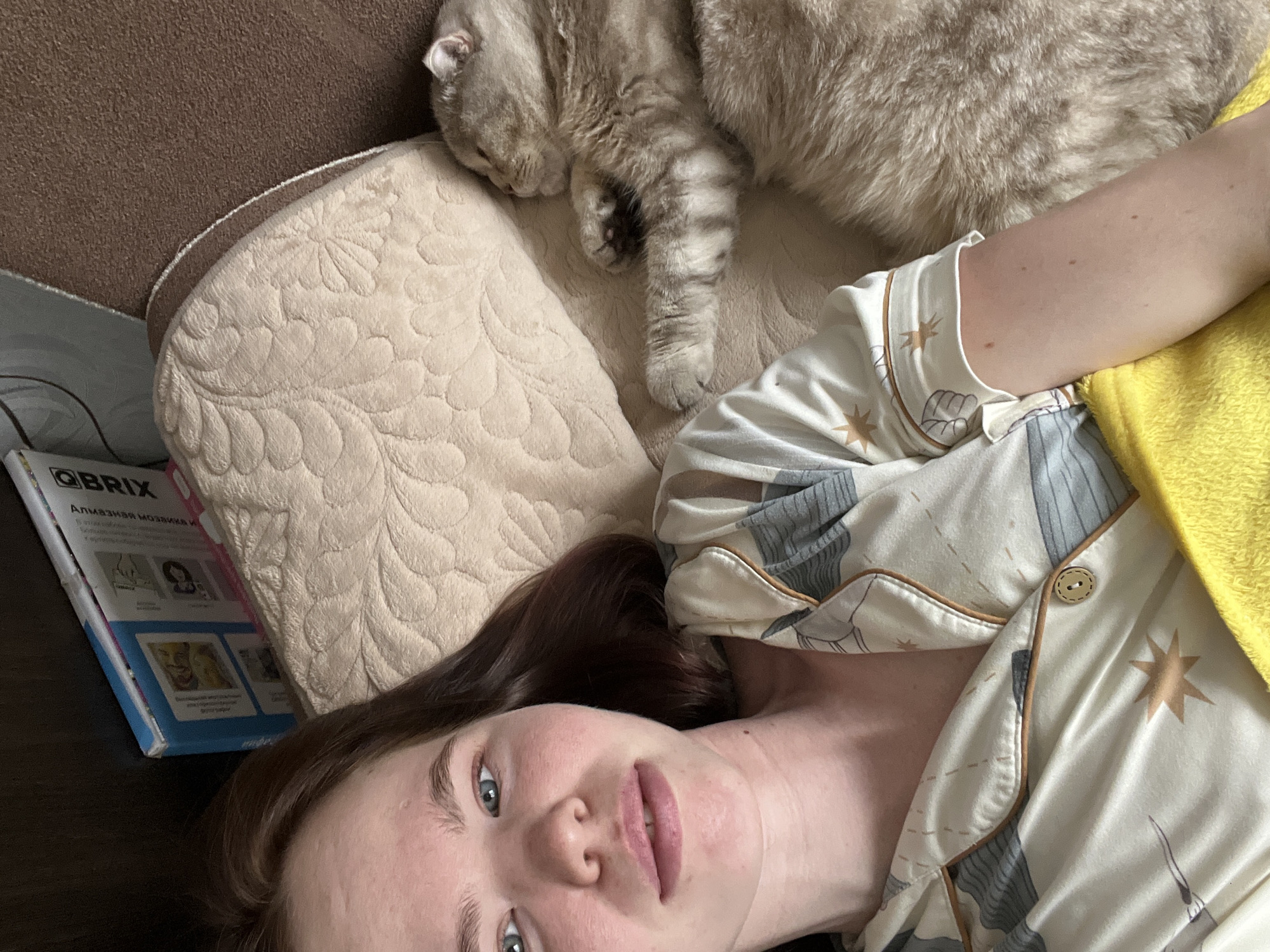 A woman lies supine on a bed next to a sleeping tabby cat. The woman is fair-skinned with brown hair and blue eyes, wearing pajamas decorated with stars and constellations. A yellow blanket rests near her right arm. A pillow embossed with a floral pattern supports the cat's head and front paw. To the left of the woman's head is a board game box labelled "QBrix". The scene takes place indoors. The location in the city of Chaikovsky, Russia, is unknown.