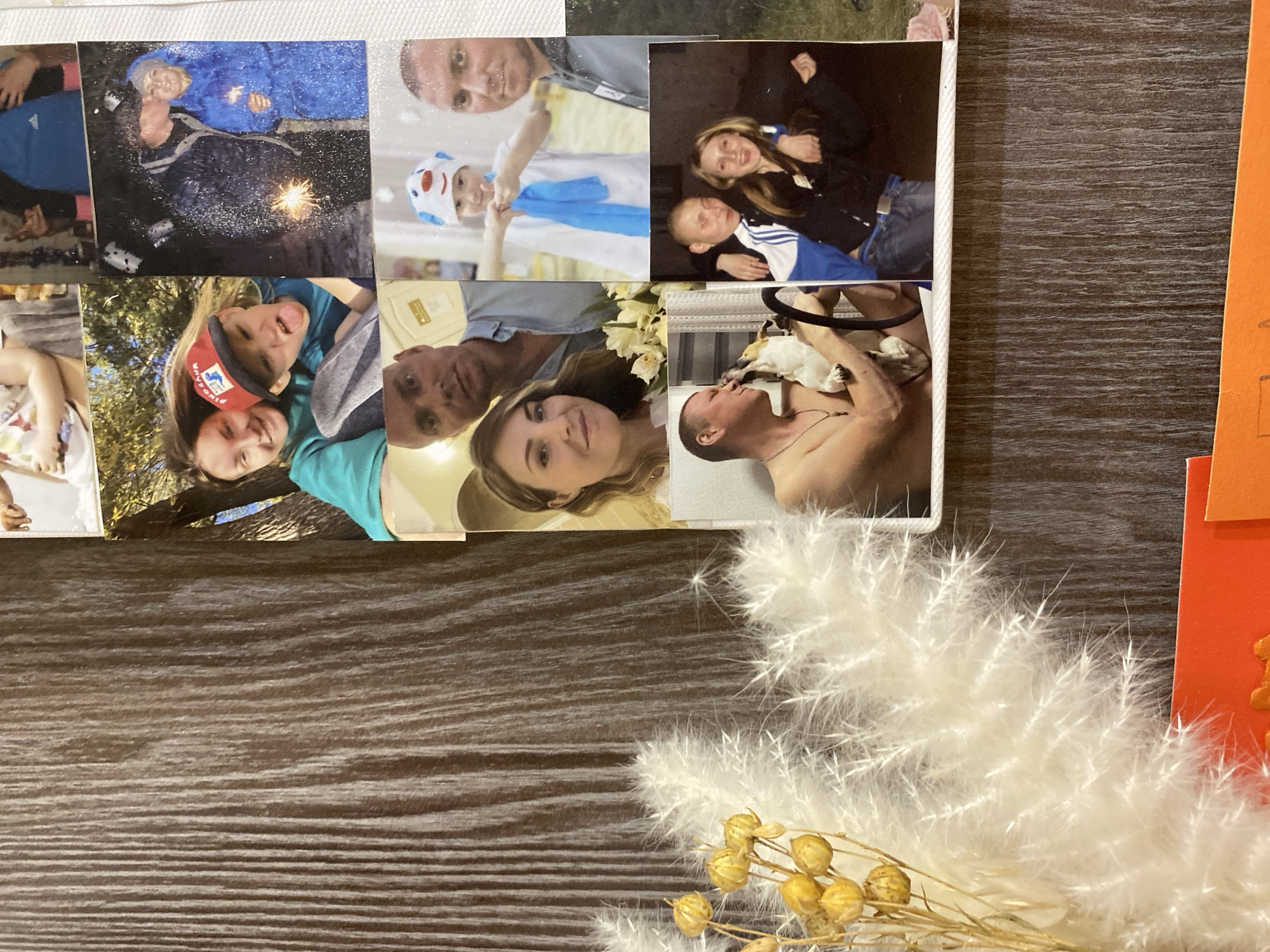 The image shows a collage of photos mounted on a white surface, resting on a dark wooden surface. In the foreground, there are fluffy white decorative plants and some dried yellow seed pods. The photos appear to depict a family, with images of children, adults, and a dog. Activities captured include playing with sparklers, hugging, and interacting with pets. The location of Noviy, Russia is not discernible from the provided information.