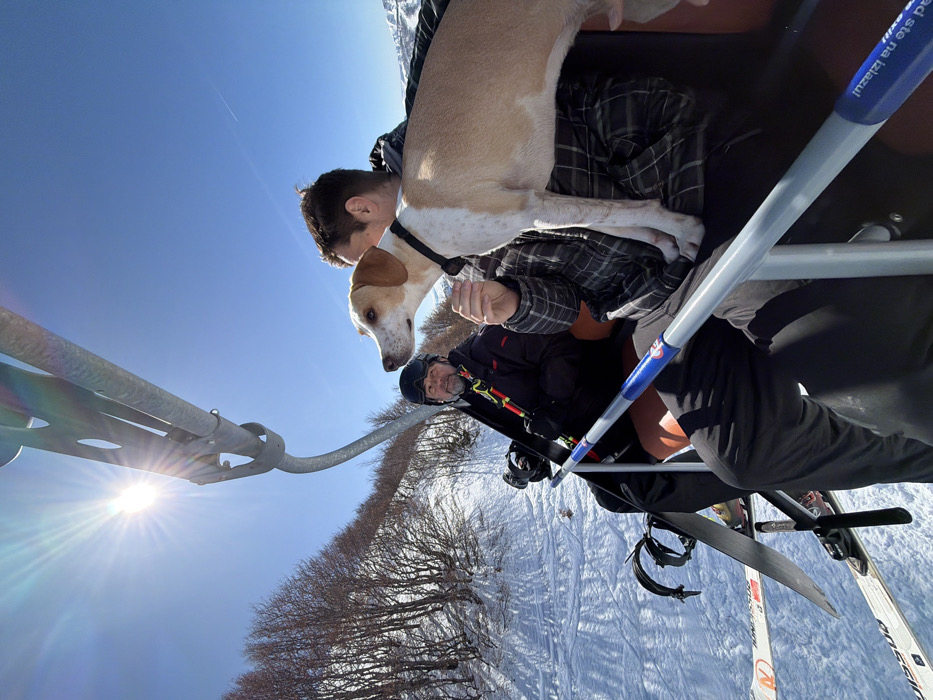 Two adult males and a dog are observed ascending a snowy mountain slope on a ski lift chair in Sedlačka gora, Montenegro, under a clear, bright blue sky with a prominent sun in the upper left.
The male on the left, an older individual with a beard, wears a black ski helmet, black ski jacket, and black pants. He holds ski poles with yellow and red elements, and his left hand rests on the ski lift safety bar. A pair of white skis, branded "Rossignol," hang from the side of the chair near his position.
The male on the right, younger with brown hair, wears a grey and black plaid jacket over a dark layer and black pants. A medium-sized dog, predominantly tan and white with brown floppy ears and a black collar, stands on his lap, facing right and looking forward. The man's right hand is visible near the dog's chest.
The ski lift safety bar, grey with blue and white sections, displays text in Montenegrin, including "kad ste na izlazu!" (when you exit!). The terrain below consists of a snow-covered incline with visible ski tracks and sparse, bare deciduous trees. Distant snow-capped mountains are visible on the horizon to the right.