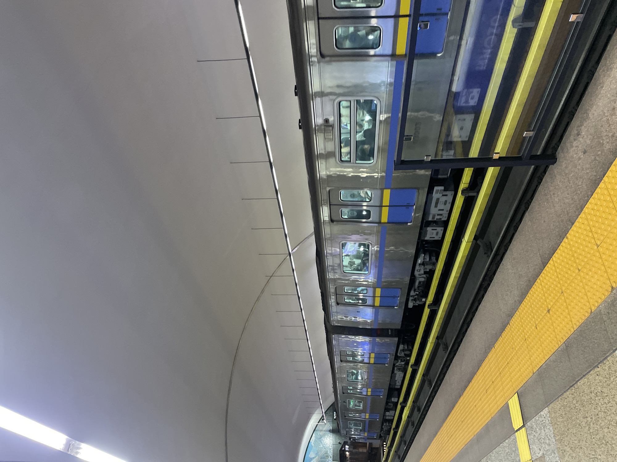 A train with silver and blue cars is stopped at a subway station. The train has numerous windows and doors. Passengers can be seen through the windows. The platform has a yellow tactile warning strip. The station ceiling is curved and white, with rows of fluorescent lights. In the background, there is a mural depicting a mountainous landscape. The station appears to be the Abay metro station in Almaty, Kazakhstan.