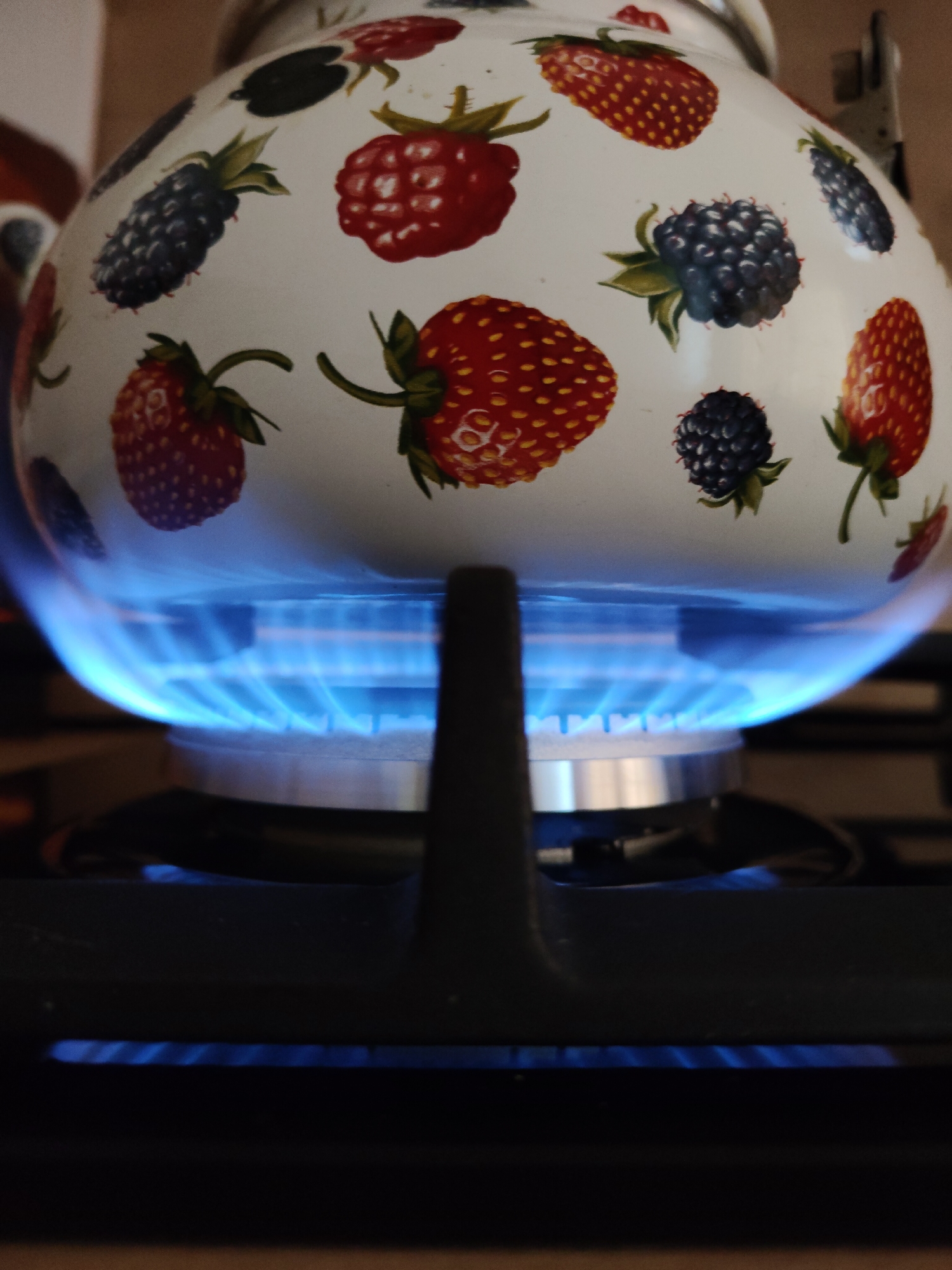 A white kettle with strawberry and blackberry patterns is placed on a lit gas stove. The blue flames surround the bottom of the kettle. The stove is black and sits on a light-colored surface. The location is unknown.