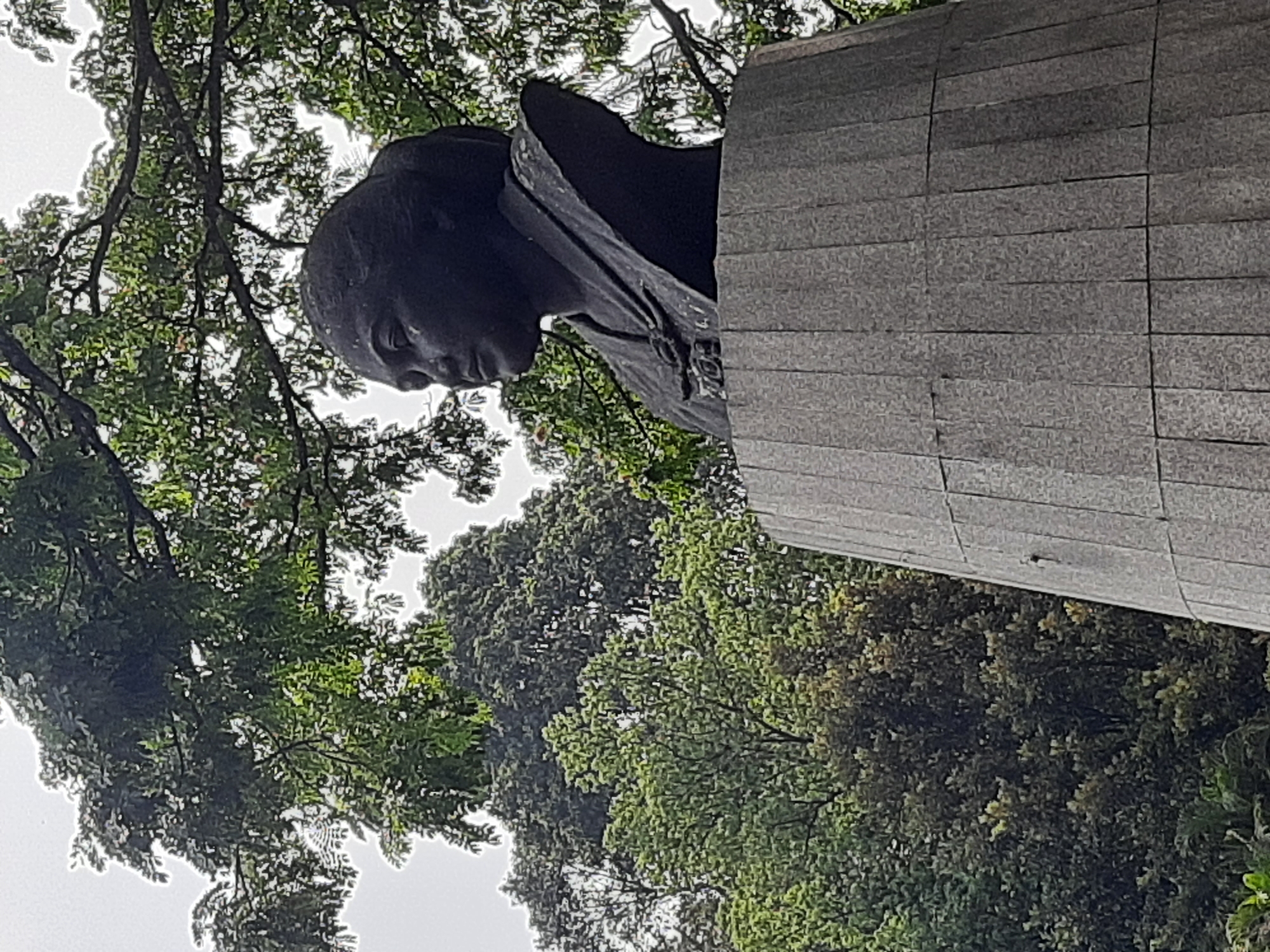 This image shows a black bronze bust of a woman on a stone pedestal. The bust depicts a woman with her hair pulled back in a bun and wearing traditional Indonesian attire. The pedestal is cylindrical and made of stone blocks. The background features lush green trees and foliage, suggesting an outdoor setting, likely a park or garden. This monument is identified as the statue of Raden Ajeng Kartini, located in Bandung City, Indonesia.