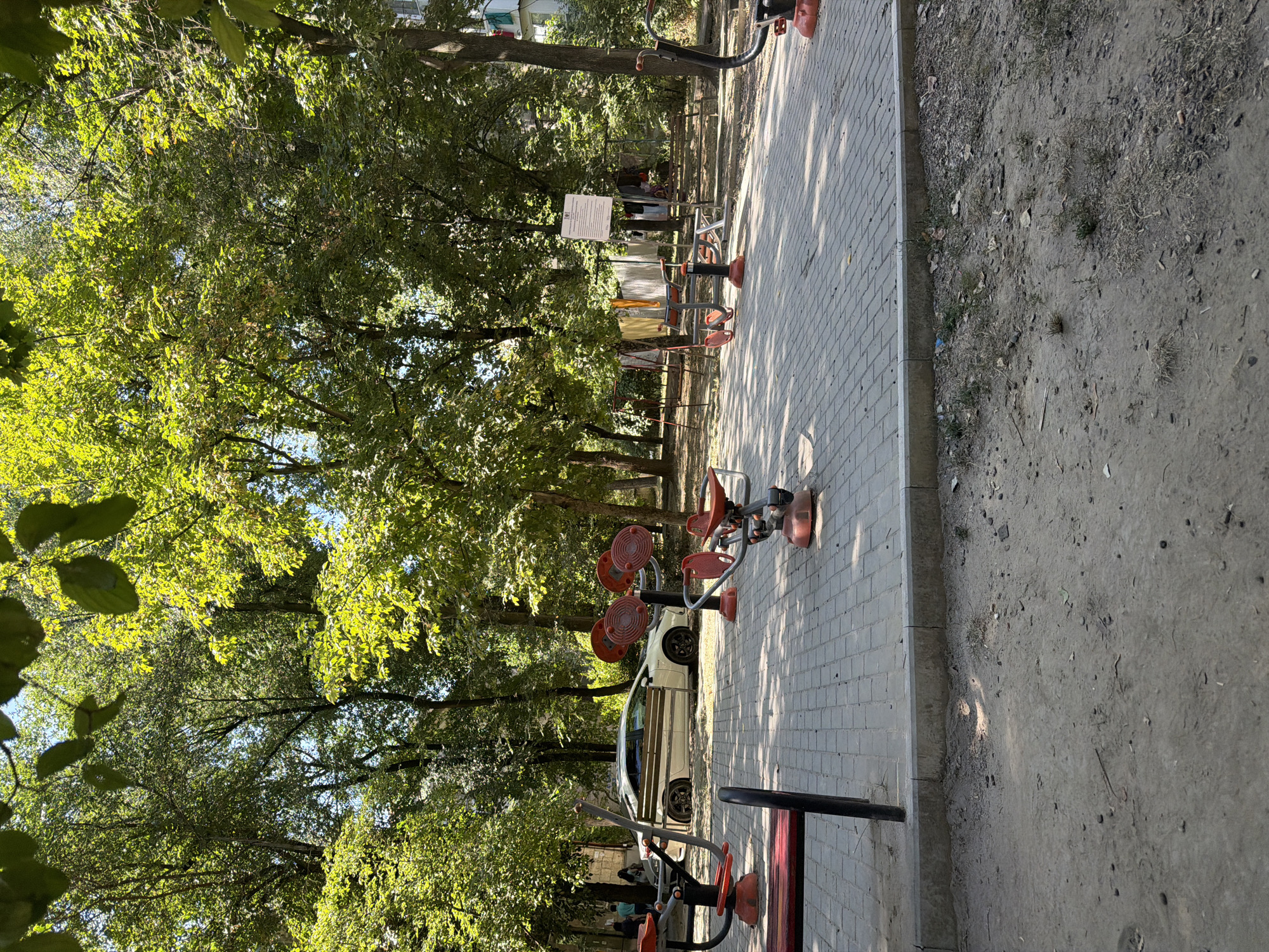 The image depicts an outdoor public area in Chișinău, Moldova, featuring a small park with exercise equipment. The foreground is dominated by a paved area with several pieces of red and gray exercise machines, including a leg press and a bodyweight resistance machine. A concrete curb separates the paved area from a dirt and gravel ground covered with dry grass and scattered debris.
In the midground, behind the exercise equipment, a white car is parked on a patch of grass. Further in the background, a line of trees with lush green foliage provides shade. A building with light-colored walls is visible behind the trees on the right side of the image. Several individuals are standing near the car, appearing to be conversing. Laundry is hung on a clothesline between trees in the background, suggesting residential proximity. A white informational sign is posted on a pole. The overall scene suggests a communal outdoor space within a residential area of Chișinău.