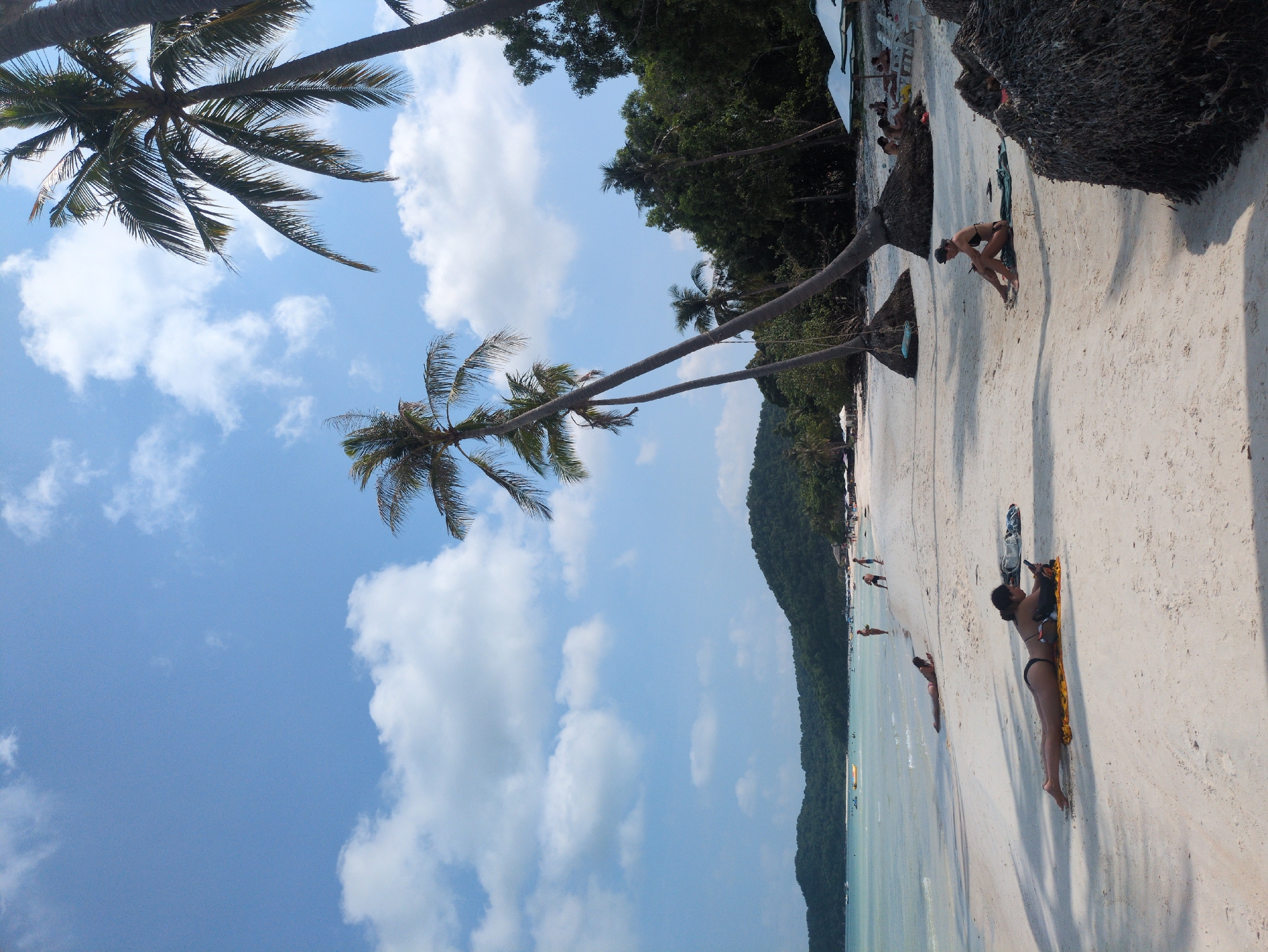 The image depicts a tropical beach scene, likely in Phú Quốc, Vietnam, given the presence of palm trees and a tropical setting. A clear blue sky with scattered clouds is visible, suggesting sunny weather. The beach features fine, light-colored sand and shallow turquoise water.
Several people are visible on the beach, some sunbathing or relaxing. The vegetation along the shoreline consists of dense green trees, forming a verdant backdrop. Palm trees are prominent, with their fronds reaching towards the sky. The overall impression is that of a serene and picturesque beach.