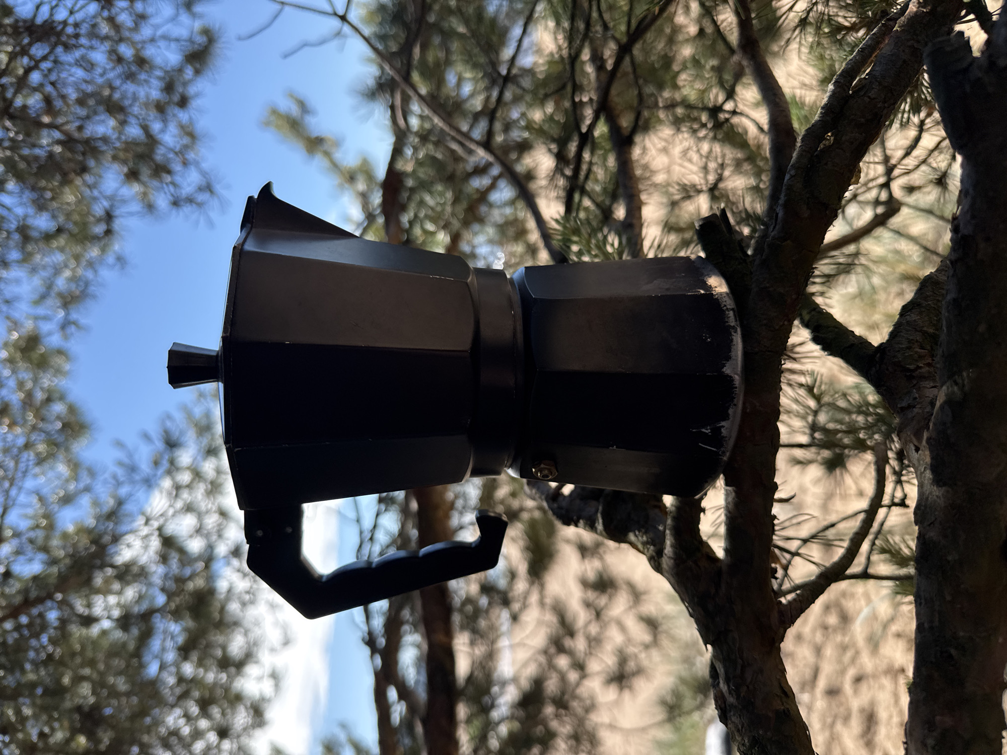 A black moka pot sits on a tree branch. The background is blurred and shows a sandy area, pine trees, and a blue sky with some clouds. The image is taken from a low angle, looking up at the moka pot. The moka pot is dark and appears to be made of aluminum or a similar metal. It has a handle and a spout. The tree branch is rough and textured, with some pine needles visible. The lighting is natural and appears to be daylight, with the sun casting shadows.