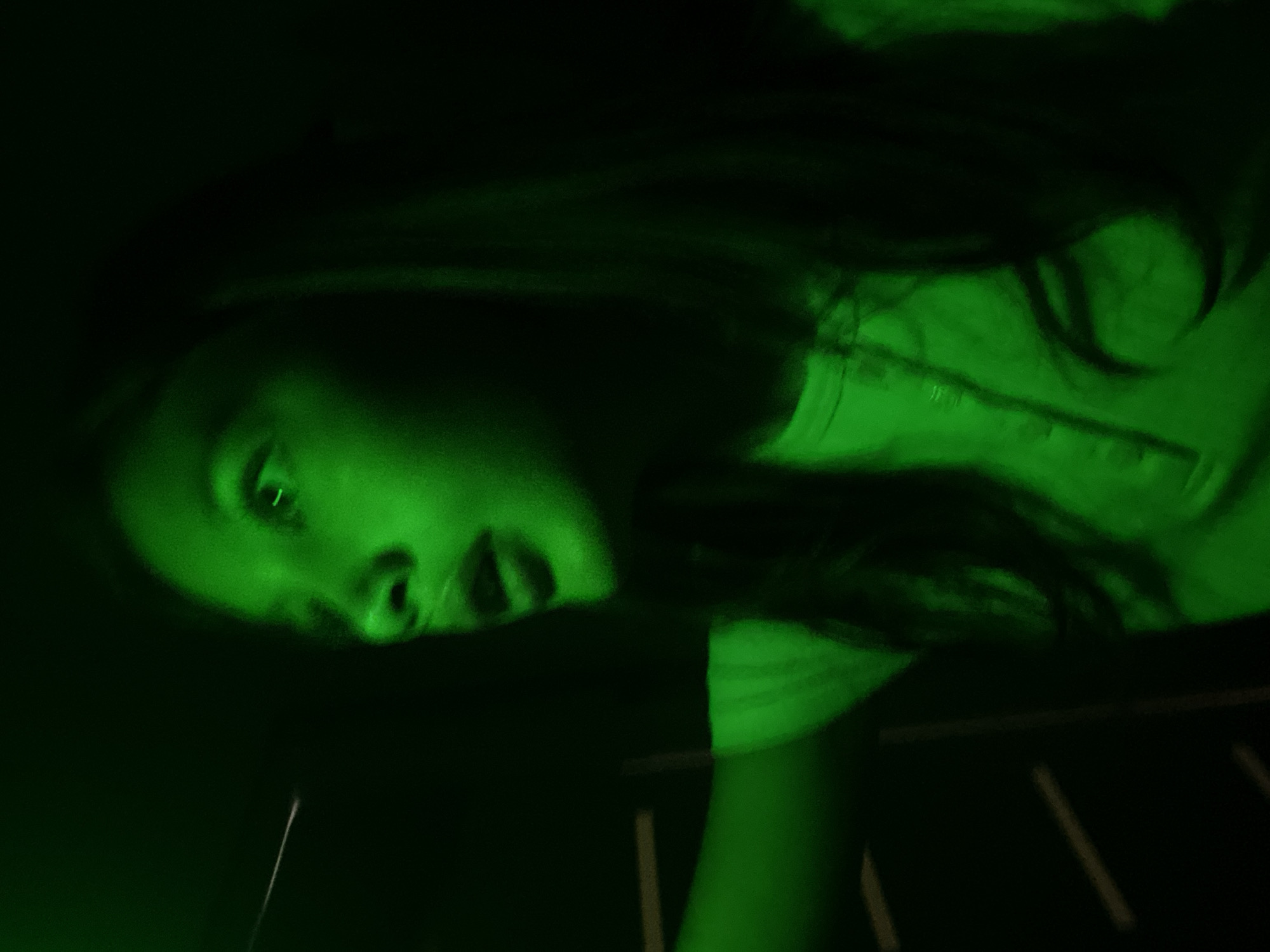 The image depicts a close-up, side-profile of a young woman illuminated by a vibrant green light. Her mouth is open in surprise or shock, and her eyes are wide, looking towards the left of the frame. Her hair, dark in color, is partially visible and falls around her face and shoulders. She is wearing a light-colored t-shirt, with the collar area visible. The background is dark and out of focus, with some faint horizontal lines on the left side suggesting a textured surface or a set of blinds. The overall impression is of a dramatic or suspenseful moment, enhanced by the intense green lighting. The location in Novosibirsk, Russia, is not determinable from the visual information provided in the image.