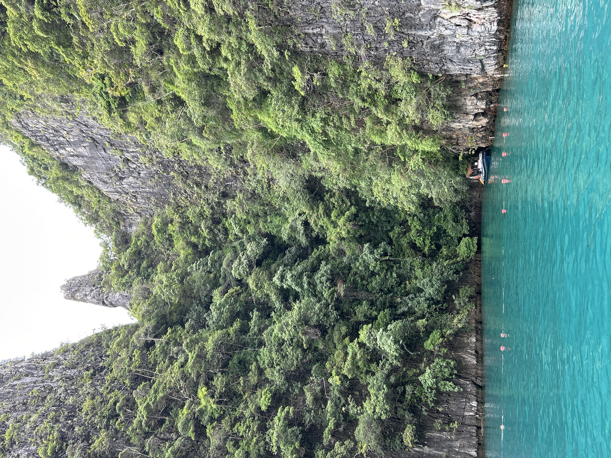 A scenic view of turquoise water against towering, lush green limestone cliffs captures a tranquil bay, likely in Ao Nang, Thailand. A small boat with two people is docked near the base of a cliff. The water is calm, with a few small buoys visible on the surface. The dense foliage on the cliffs suggests a tropical environment.