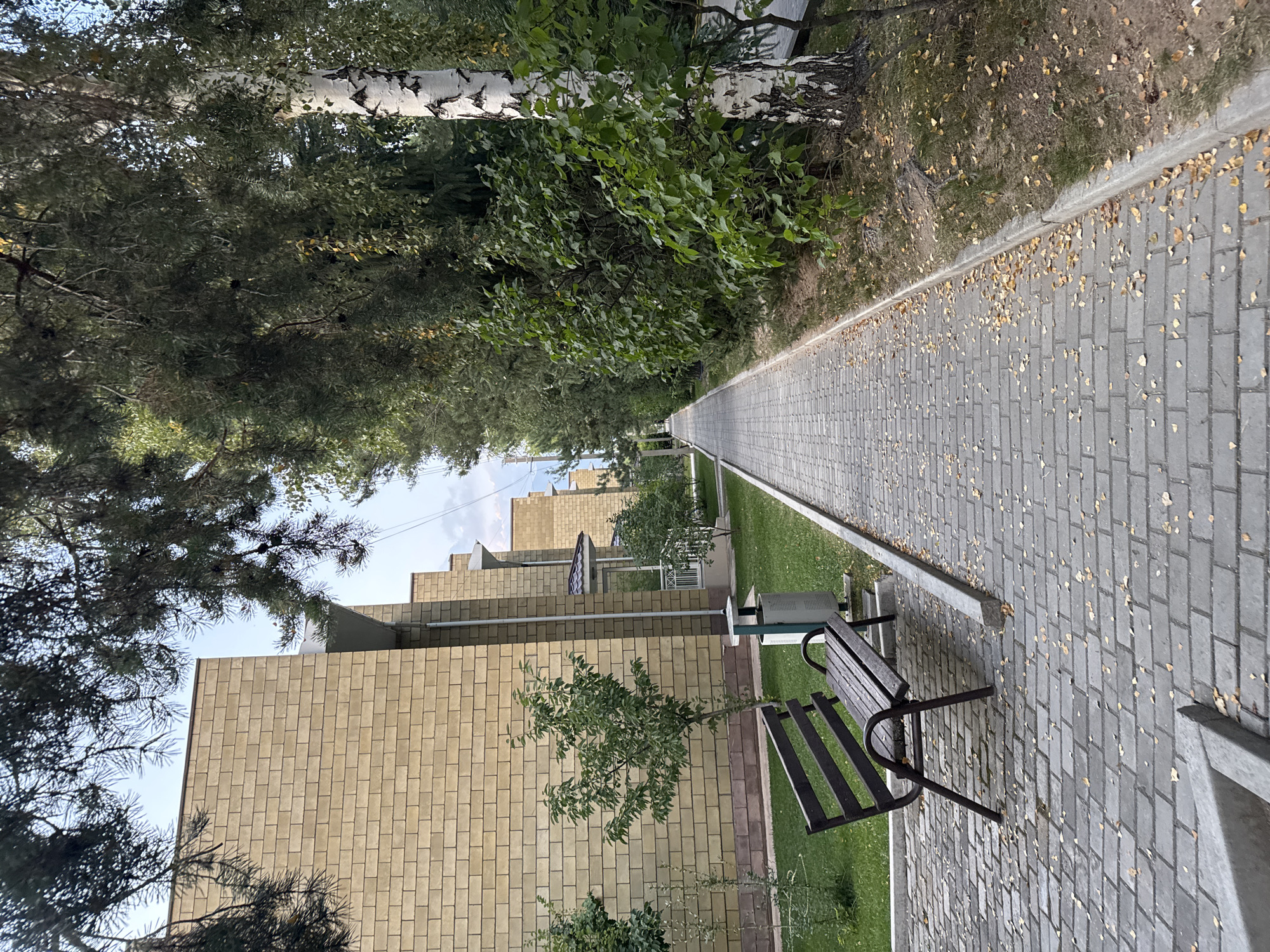 The image depicts a paved walkway in a residential area, likely within the city of Sary-Oy, Kyrgyzstan, as suggested by the prompt. The walkway is lined with trees and appears to be adjacent to a building with a light-colored brick facade. A dark wooden bench is positioned on the grassy area next to the walkway, with a trash receptacle nearby. The ground is sparsely covered with fallen leaves, indicating an autumn setting. The walkway extends into the distance, where more trees and buildings are visible. The sky is partly cloudy. There are no people or animals visible in the scene.