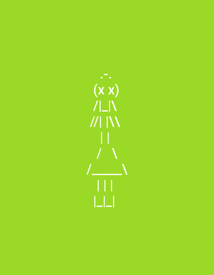 This media file features a stylized ASCII art figure centered on a solid, vibrant lime green background. The figure is rendered in white characters.
The subject is a minimalist character, possibly a person or a robot, depicted through keyboard symbols. The head section includes a small dot above `(x x)`, which could represent a face with closed eyes or a simple emoticon. Below the head, the body is formed by a sequence of characters such as `/\_\\`, `///\\\`, and `||`. The lower part of the figure includes an inverted V-shape with a horizontal line, followed by `|||` and `|_|`, suggesting legs or a base.
There is no activity or event taking place; the figure stands statically as an abstract representation. The scene is extremely simple, with the figure being the sole element against the plain, monochromatic background.
Notable details include the bright lime green background (hex color approximate #80e000 or similar), which provides a stark contrast to the white ASCII art. No time of day, weather conditions, or specific location cues within Lyaskovets, Bulgaria, are visually discernible from the image itself. The figure does not convey explicit emotions, though the `(x x)` might suggest a calm or sleepy state. The visible "text" consists solely of the ASCII characters that compose the figure.