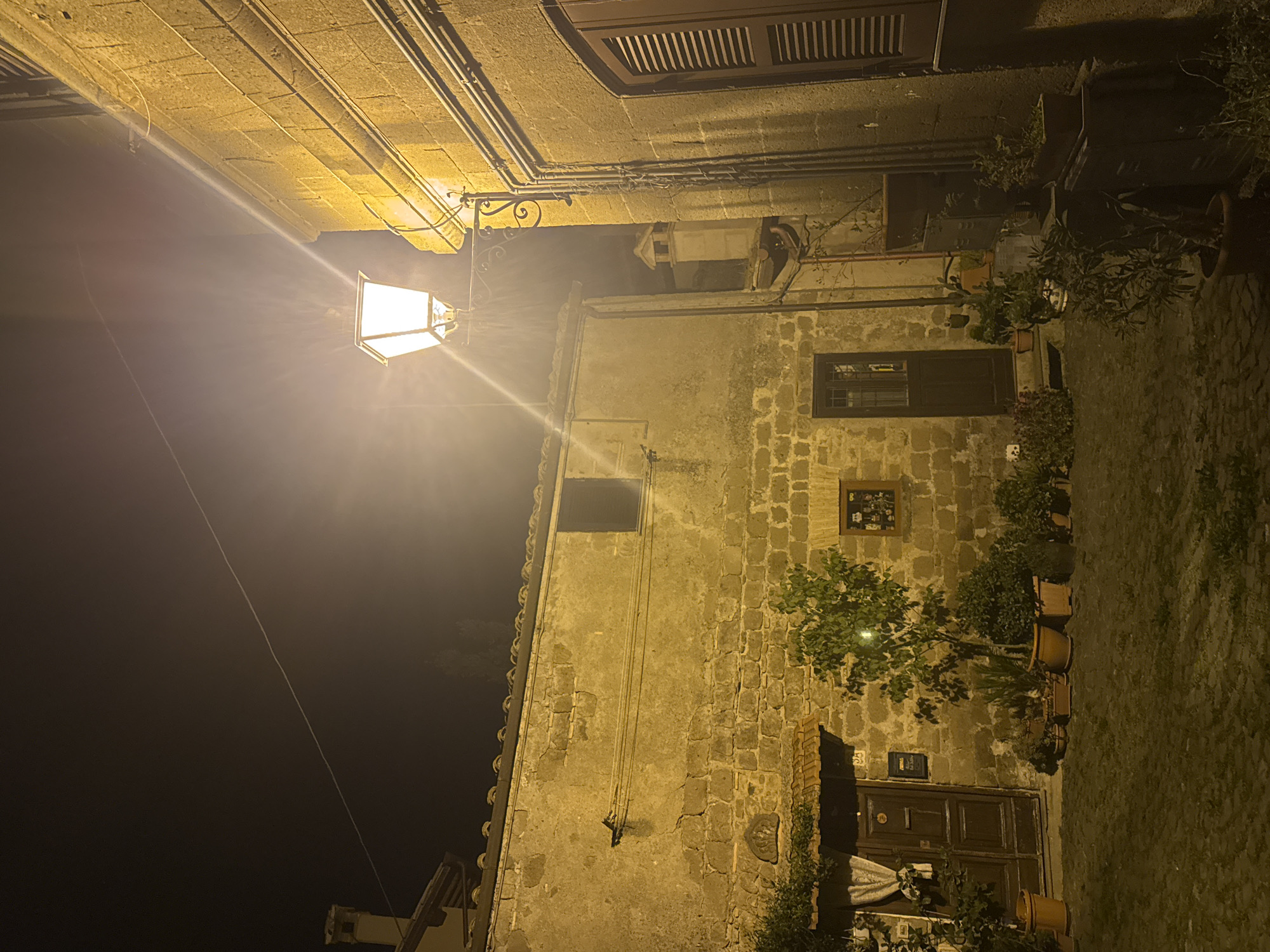 Captured at night in Castelnuovo di Porto, Italy, the image depicts a narrow street illuminated by a vintage street lamp mounted on a stone building. The building, constructed from light-colored stone blocks, features a doorway, windows, and decorative plants in terracotta pots lining the street. Overhead, another building with louvered shutters and exposed wiring lines the street. The street itself appears to be paved with stone. The light from the street lamp casts long shadows, accentuating the texture of the stone and the details of the architecture.
