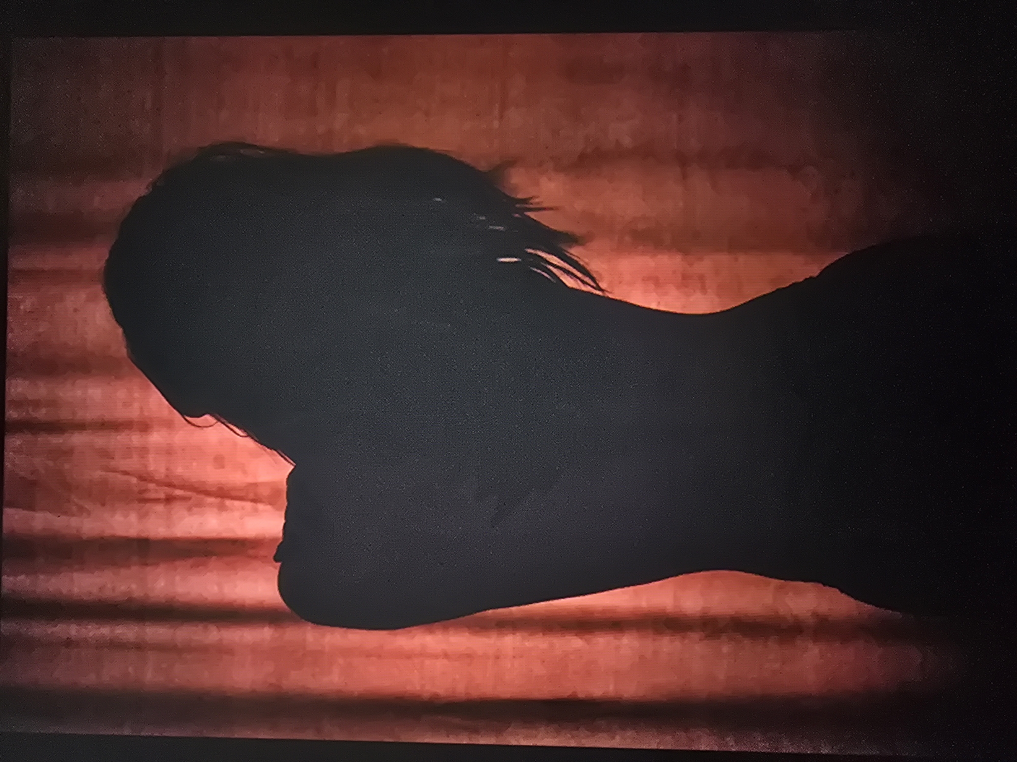 The image shows a silhouette of a person lying down on a red surface. The person appears to be lying on their side with their head resting on their hand or arm. The background is red with horizontal lines, possibly representing a bed or couch.