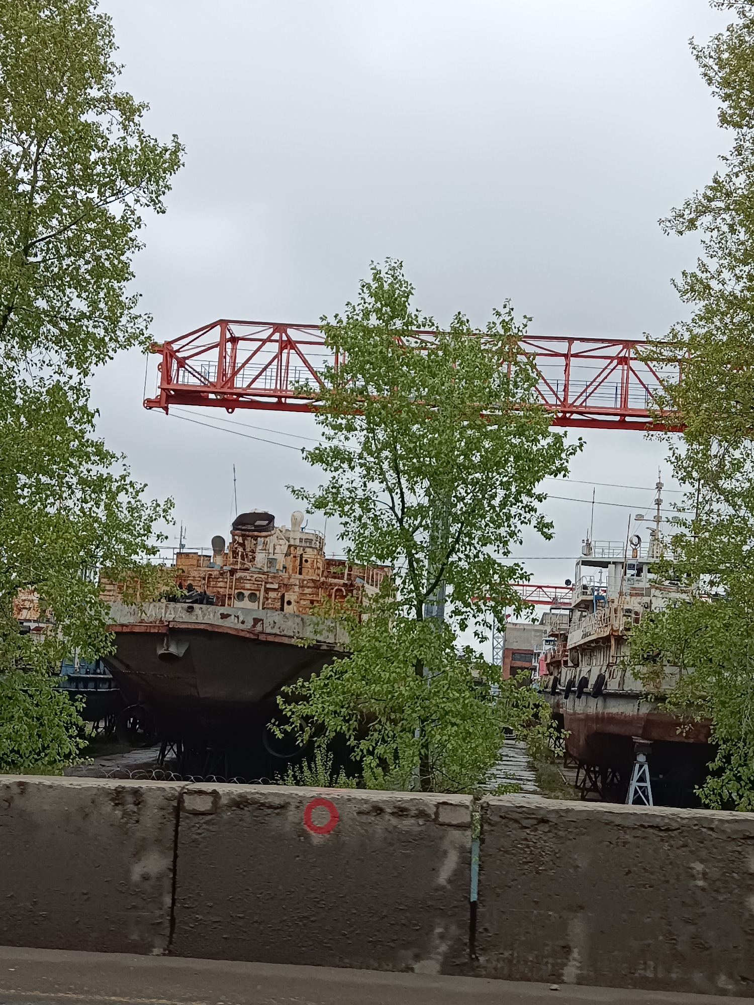 The image shows several dilapidated, rusty ships on land, supported by structures and visible through gaps in trees. A large red crane structure spans above the ships. In the foreground is a grey concrete barrier with a small red circle painted on it. The sky is overcast. The location is likely the ship repair yard in the city of Chaikovsky, Russia, based on the presence of the vessels and crane.