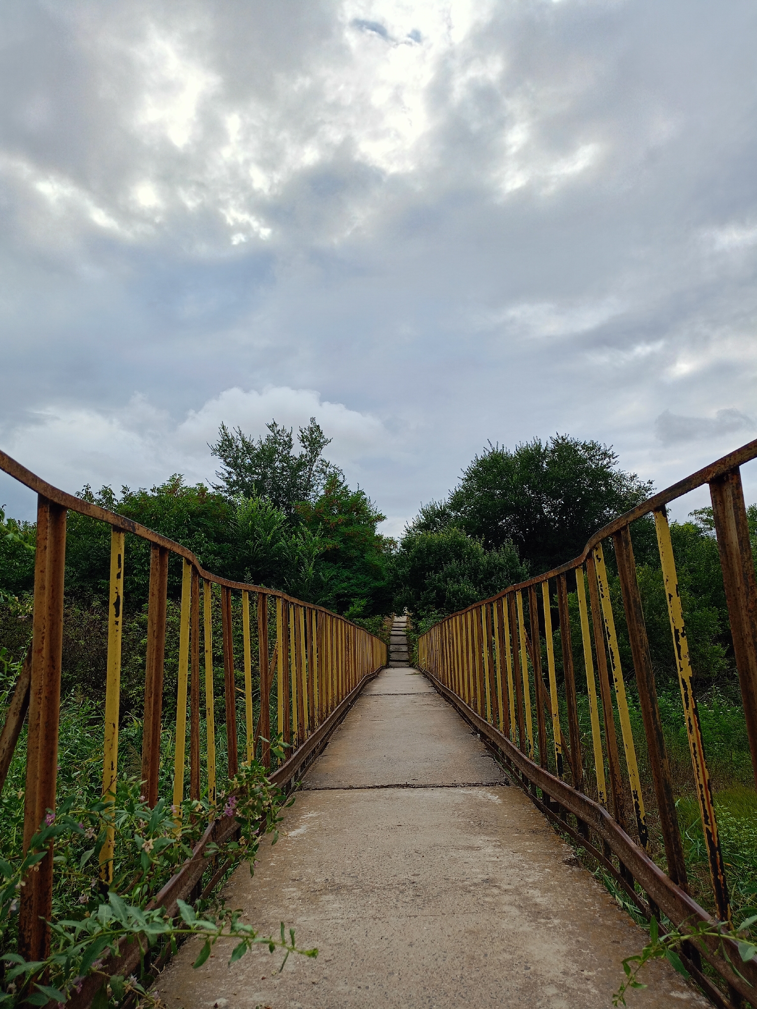 The image shows a concrete pedestrian bridge with rusty yellow railings. The bridge is surrounded by lush green trees and vegetation. The sky is overcast with dramatic clouds. The bridge appears to be in a rural or semi-rural area, and given the context of Baurci, Moldova, it likely serves as a crossing over a small stream or ravine in the village. The scene is quiet and natural, with no people or activity visible. The overall impression is one of a serene, slightly melancholic, outdoor setting.