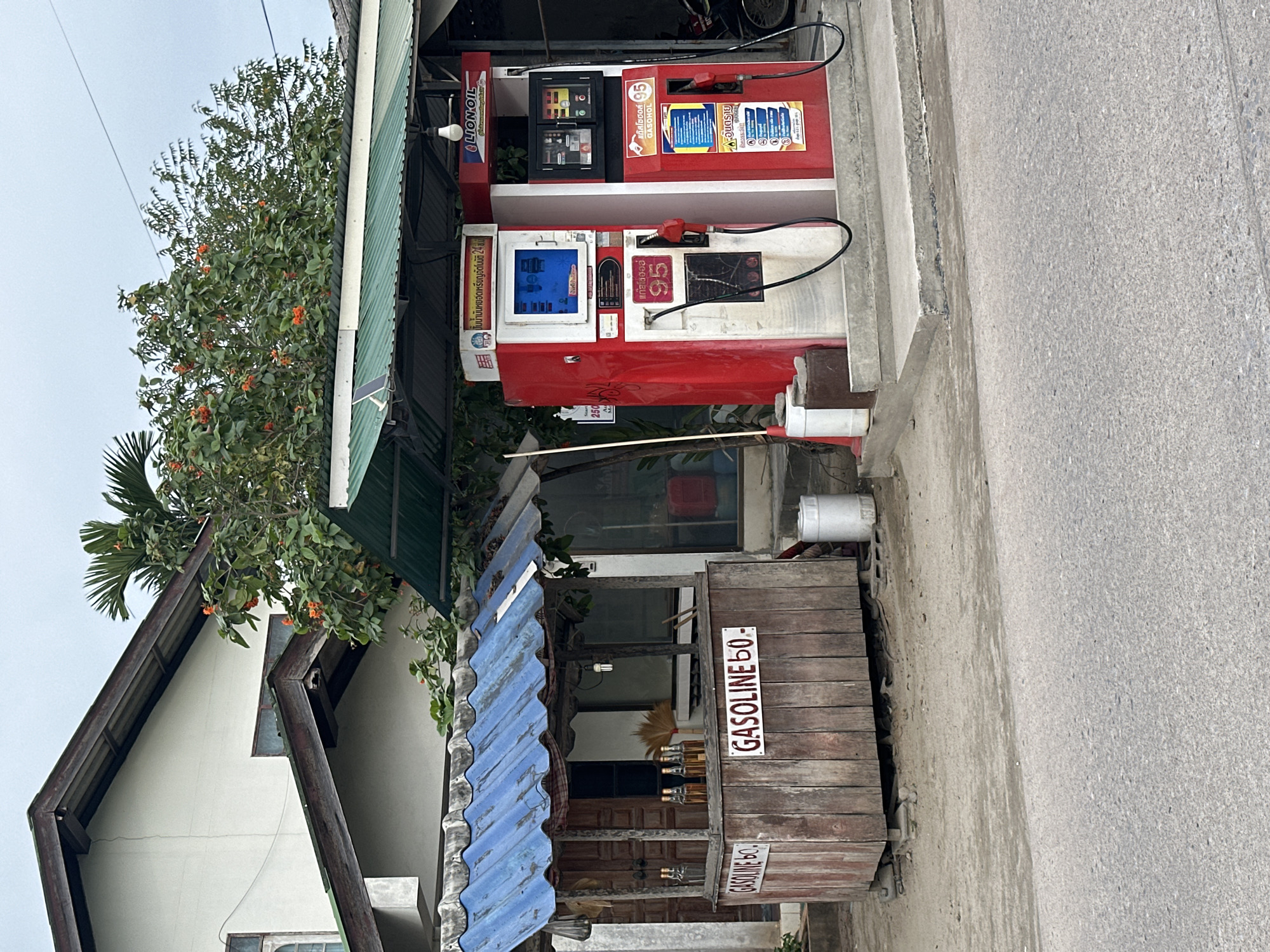 The image depicts a small roadside gas station in Ko Phangan, Thailand, featuring two red gasoline pumps. To the left, a rustic wooden stand with a blue corrugated metal roof sells gasoline in bottles, with prices displayed as "GASOLINE 60.-". The pumps themselves have digital displays and red hoses. Behind the gas station, a building with a light-colored facade and dark wooden trim is visible, along with a lush green tree bearing small orange flowers. The ground is a mix of dirt and asphalt, and the sky is overcast. There are no people visible in the image.