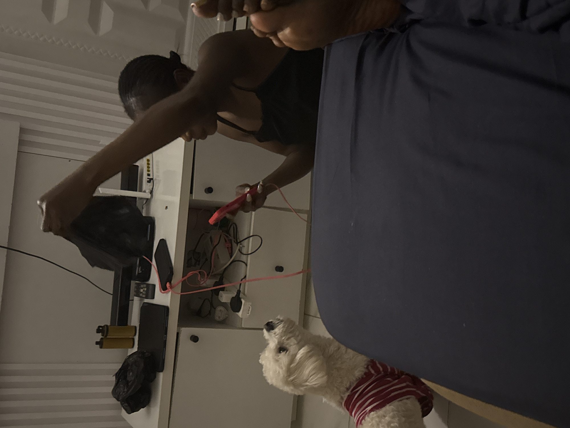 In a domestic indoor setting, likely a bedroom in Abuja, Nigeria, a Black woman is seated on a bed with her right arm extended, holding a red smartphone. Her hair is pulled back into a bun. In the foreground, a white poodle mix dog, wearing a red and white striped shirt, is looking up at the woman. The woman is wearing a black tank top. Behind the woman, a white cabinet with drawers is visible. On the cabinet, there are several objects including a black laptop, two yellow vapes, a black bag, and a black remote control. A pink charging cable is connected to the smartphone and extends downwards, towards the cabinet. The scene is dimly lit.