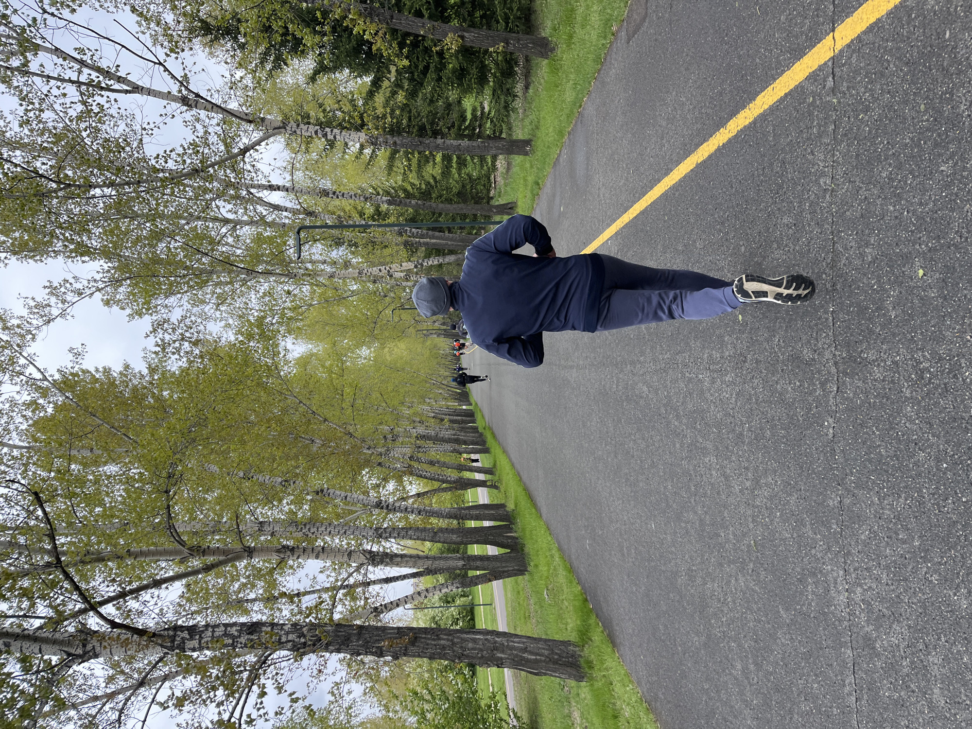 A medium-shot, color, daytime photograph depicts a man jogging along a paved path. The man is facing away from the camera. He is wearing a dark blue jacket, gray pants, and a gray hat. The path has a solid yellow line running along it. On either side of the path are rows of trees with light-colored bark and green leaves. The background includes grass and other trees. Other people can be seen further down the path. This photograph was taken in the city of Krasnoyarsk, Russia.