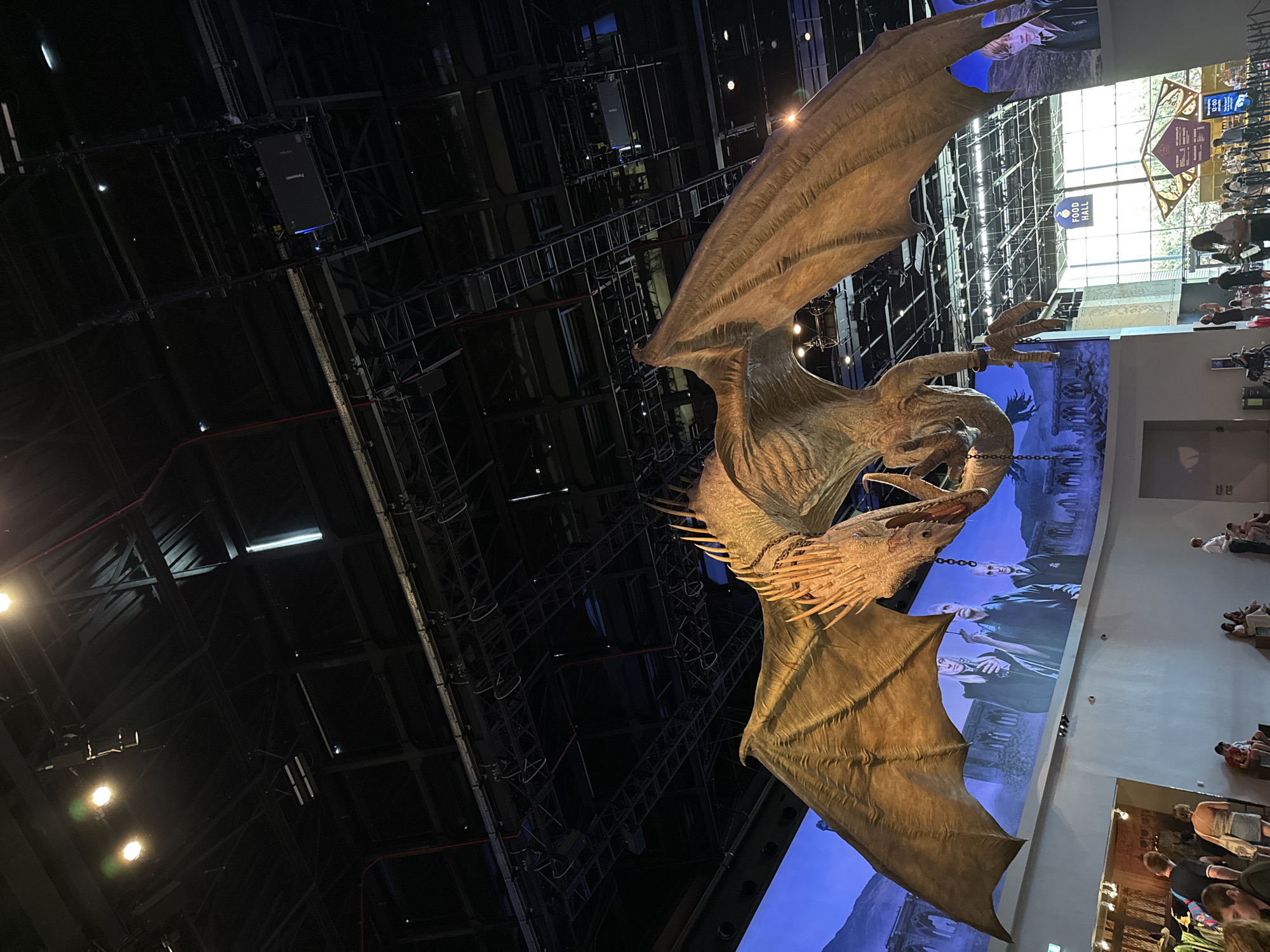 A life-sized dragon model is suspended from the ceiling in a large indoor exhibition space. The dragon, made of a textured, brownish-gold material, has its wings spread wide, revealing intricate wing structures. Its head is turned slightly to the right, and its mouth is partially open. Chains are visible around its neck. The ceiling is a complex structure of black metal beams and lighting fixtures, with some spotlights illuminating the scene.
Behind the dragon, a large mural depicts a desolate landscape with ruined structures and several figures in dark robes. The mural also features a portrait of a young man in wizarding attire. Below the dragon and mural, a well-lit area features a food hall sign and various display boards with menu items. People are visible in the lower part of the image, some walking, others seated or standing, appearing to be visitors at an attraction. The overall environment suggests a themed entertainment venue, likely related to the Harry Potter franchise, given the context of Watford, United Kingdom, which is home to the Warner Bros. Studio Tour London – The Making of Harry Potter.