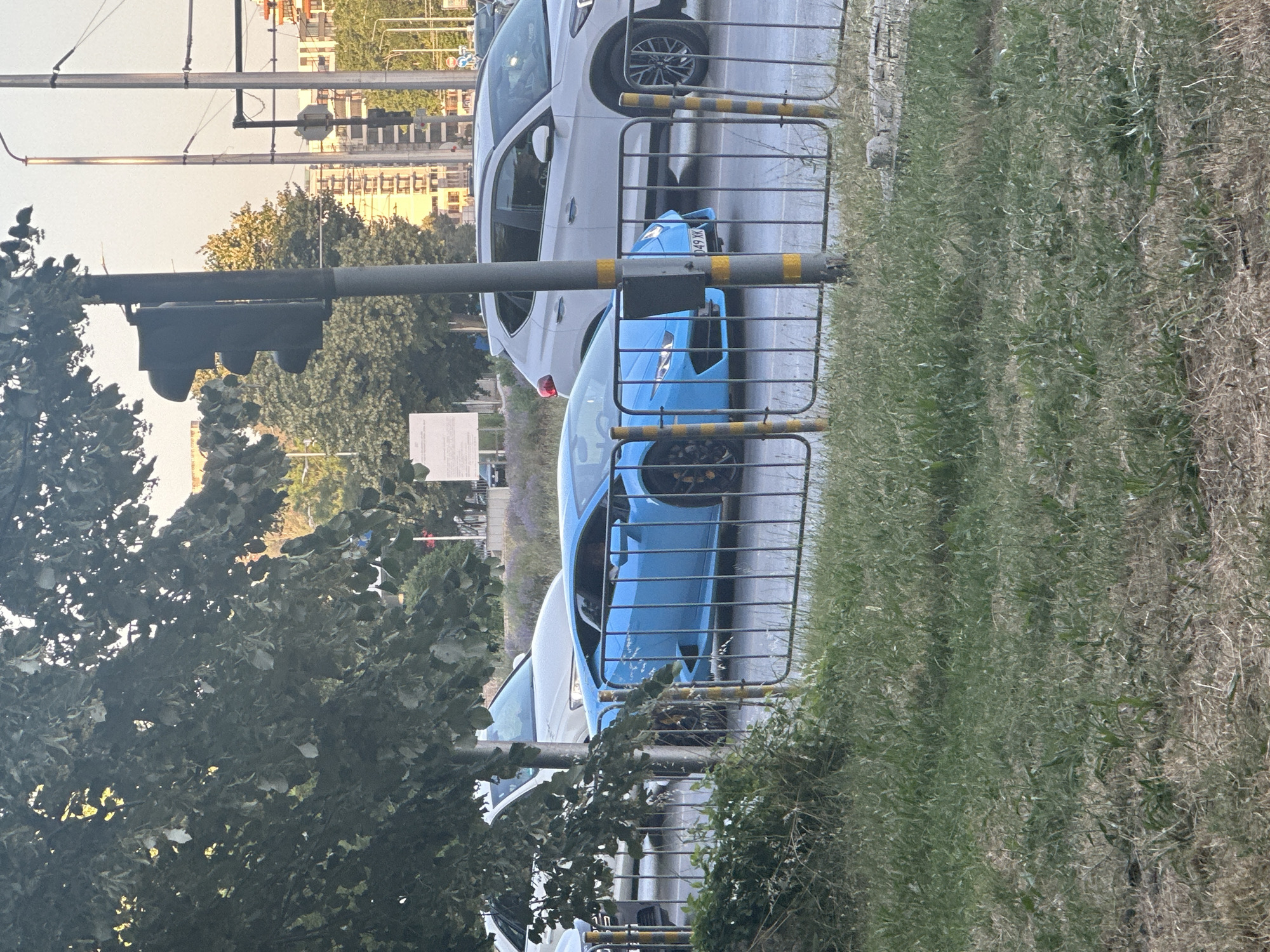 A bright blue Lamborghini is stopped at a traffic light in an urban environment. The car is in the foreground, with its distinctive low profile and sleek design visible. Behind it, a white SUV is also stopped. A metal fence runs horizontally across the image, separating the cars from a grassy area with some dry patches. Trees with green leaves hang over the scene from the left. In the background, buildings and traffic lights indicate a city setting. The sky is a light, hazy color, suggesting it might be late afternoon or early morning. The overall scene captures a moment of stillness on a city street.