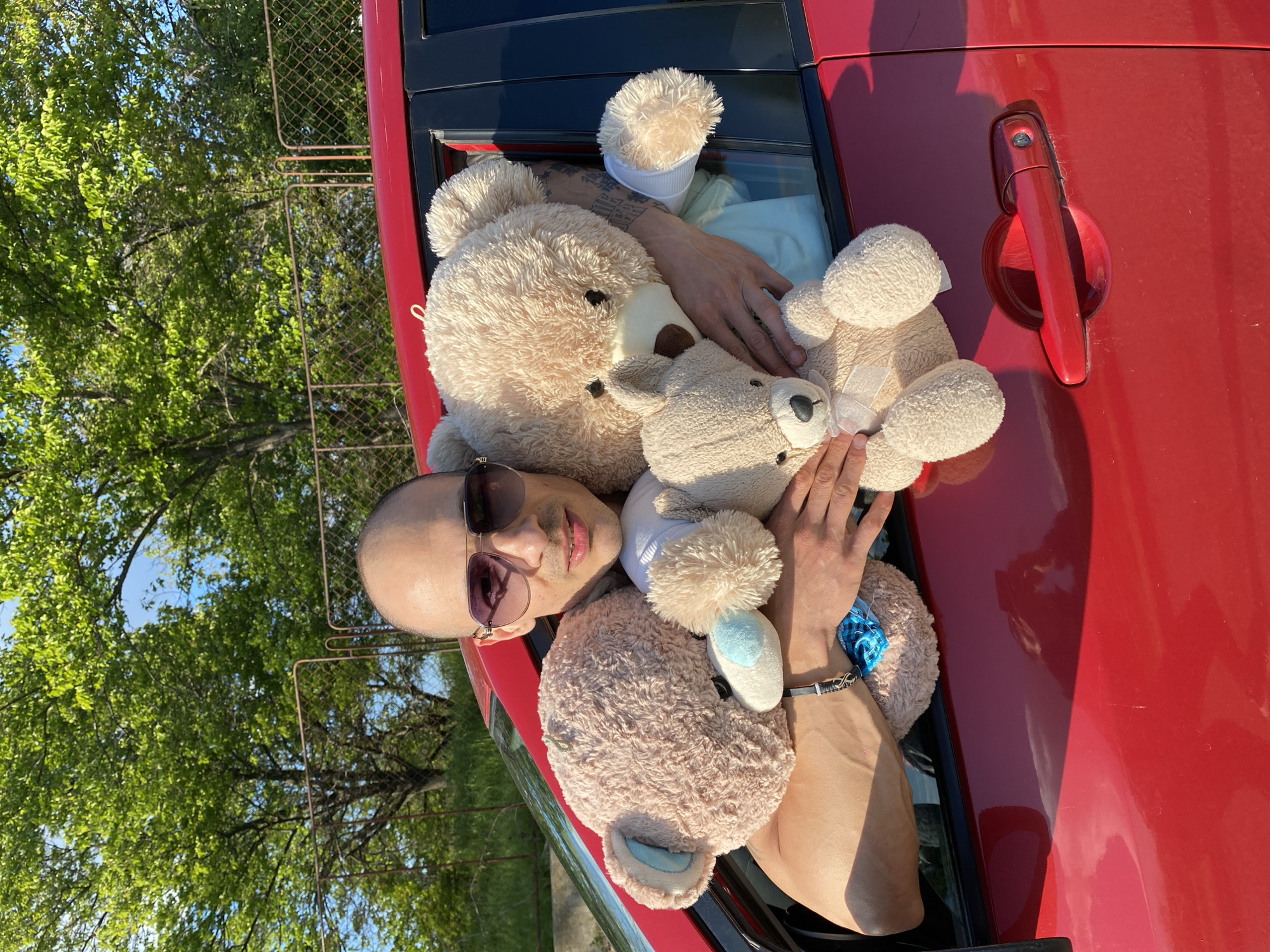 A man with a shaved head and sunglasses is sitting in the open window of a red car, surrounded by several teddy bears. The car appears to be parked outdoors, with trees and a fence visible in the background. The car door handle is red. The location cannot be determined to be Pleven, Bulgaria from this image alone.