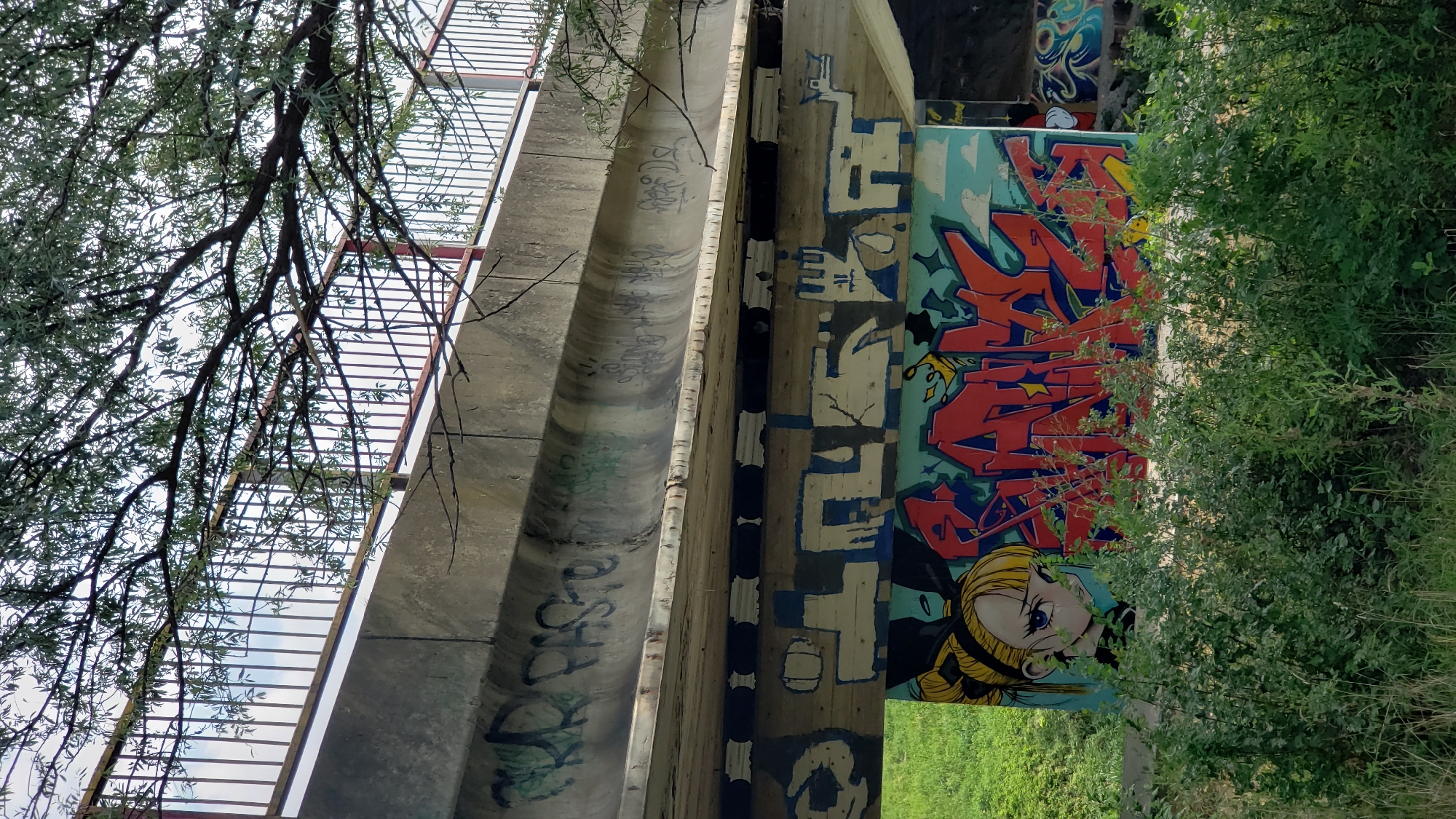 The image shows the underside of a concrete bridge adorned with graffiti. In the foreground, there is a large section of green foliage, with tall grass and bushes. The bridge itself has multiple layers of graffiti. The upper section of the bridge's underside displays lighter, less distinct tagging, with some text visible like "PAST". Below this, there is a horizontal beam also covered in graffiti, featuring large, blocky white letters with black outlines. To the left and slightly lower, a mural depicts an anime-style character with blonde hair, large blue eyes, and black bunny ears, looking downwards with a tear on her cheek. To the right of the character, bold, red graffiti with yellow and blue accents spells out words in a stylized, angular font. Further to the right, more graffiti in blue and white with swirls can be seen. The overall environment appears to be an urban or semi-urban area, likely near a park or green space, given the abundant vegetation. The bridge structure suggests it is part of a road or railway overpass. The scene suggests an area where urban art and graffiti are prevalent. No specific landmarks or street signs are visible that would definitively place it in Prešov, Slovakia, though it resembles typical underbridge graffiti sites found in many cities.