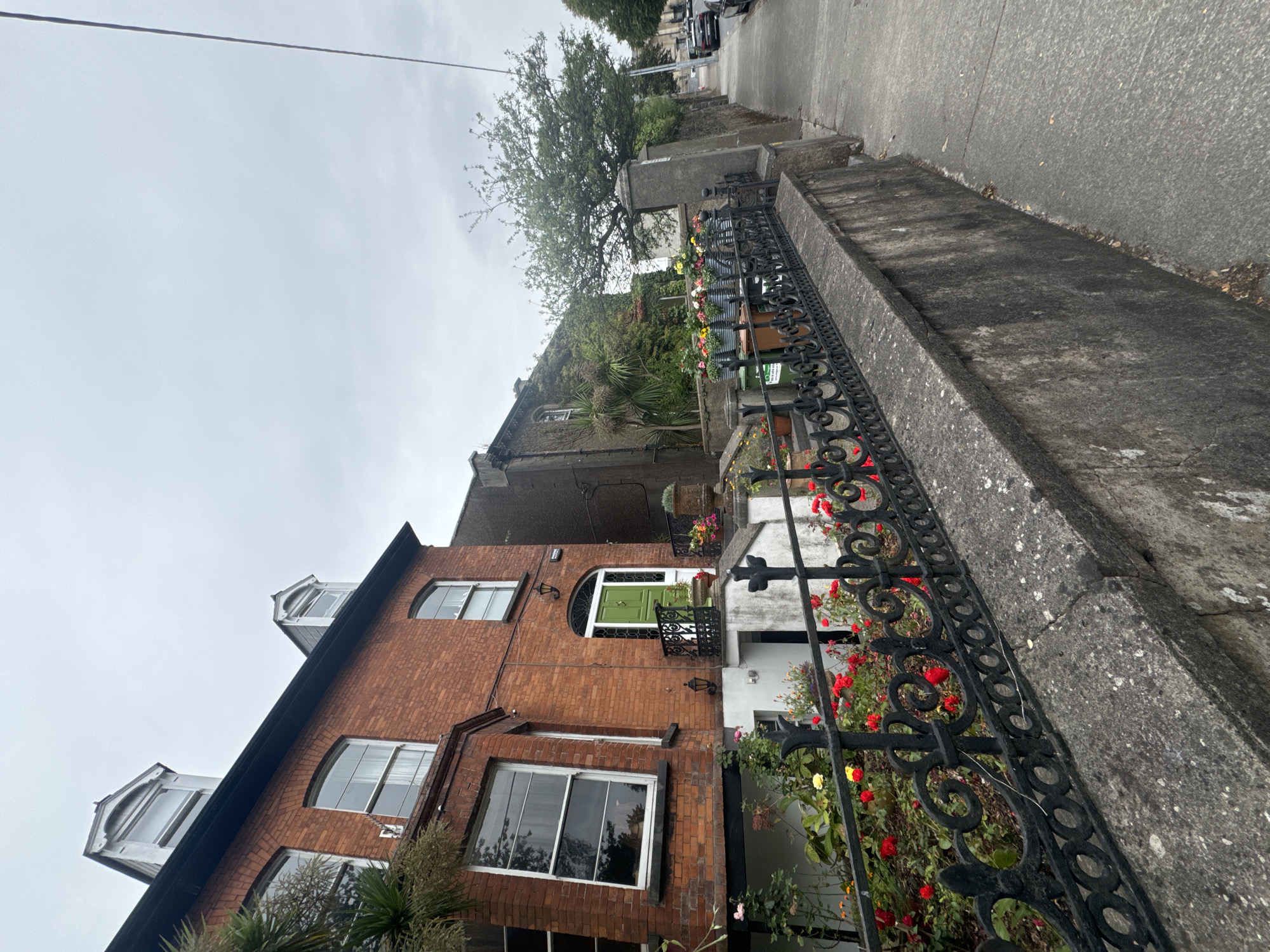 A street view in Waterford, Ireland, shows a brick terraced house with a vibrant red rose garden in front. The house features a bright green front door, dormer windows on the roof, and large bay windows on the ground floor. A black wrought-iron fence separates the property from the sidewalk. Adjacent to the house, another building is partially visible, with ivy climbing its facade. The street is paved, and a sidewalk runs alongside the property. Several cars are parked on the street in the background. The sky is overcast, suggesting a cloudy day. The garden is lush with red and yellow roses, and potted plants line the top of a low stone wall.